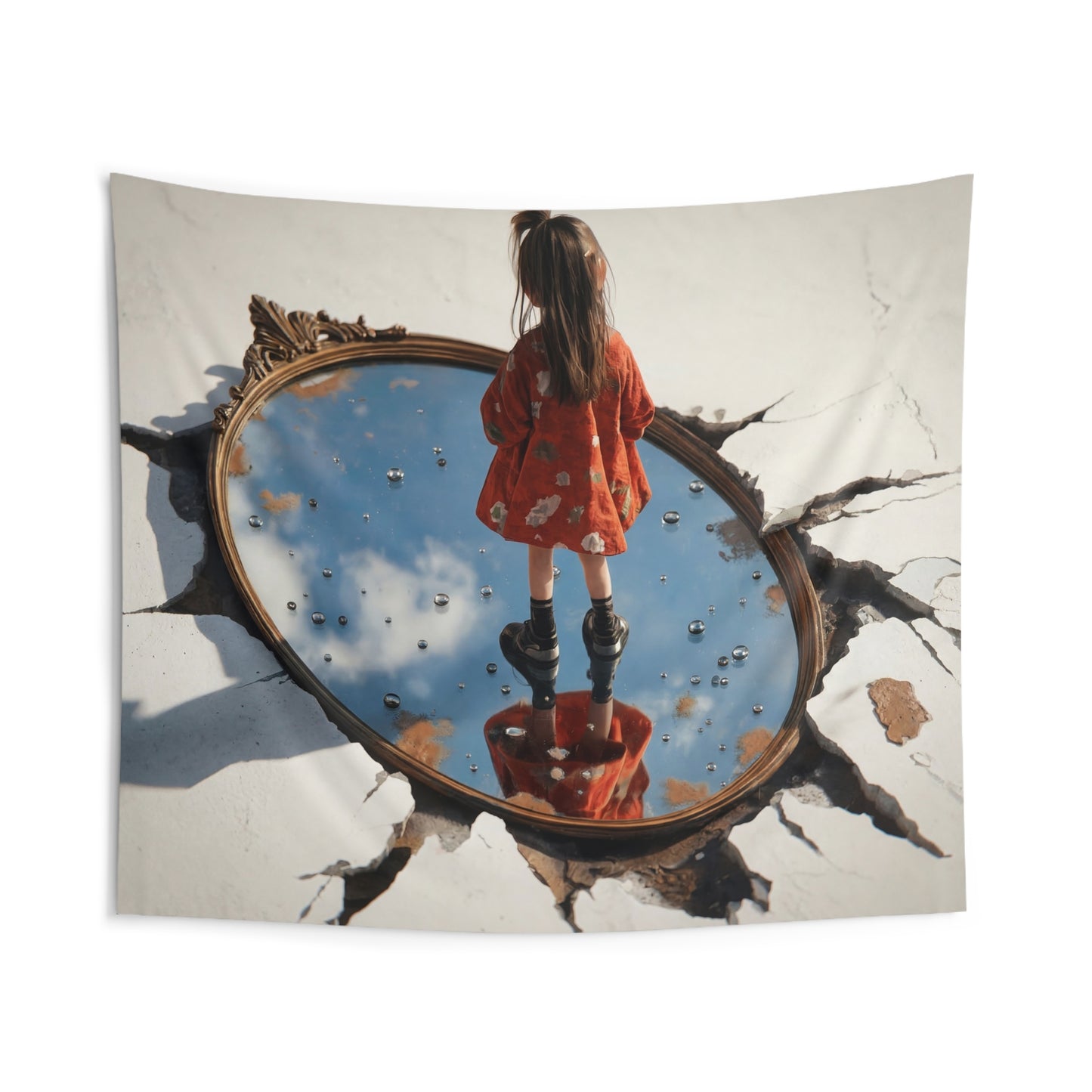 Girl Standing in Broken Mirror Wall Tapestry – Sky Reflections and Cracked Surface
