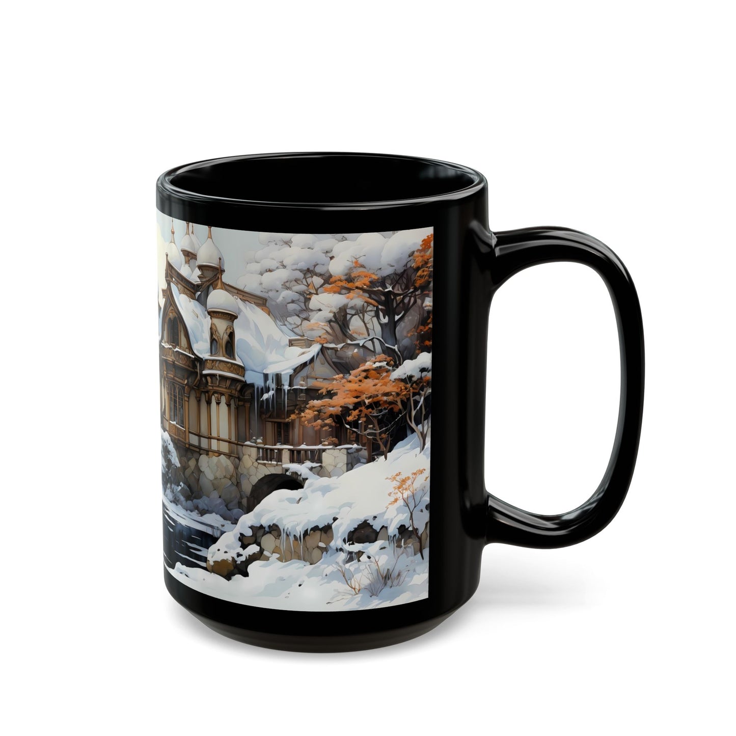 Winter Castle by the Frozen Stream Black Mug – Snow-Capped Dreamscape