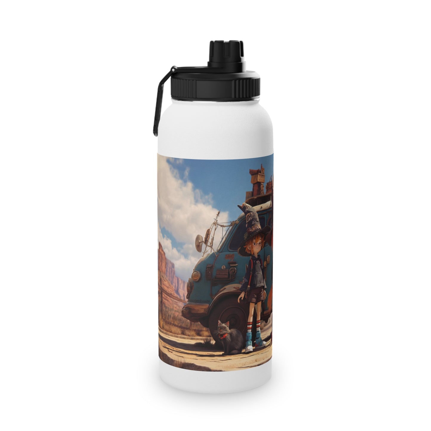 Witch Trio Roadtrip Stainless Steel Water Bottle, Sports Lid – Dusty Desert Spellbound