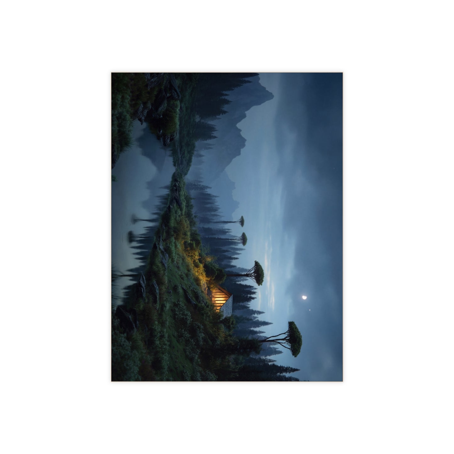 Mountain Cabin Moonlight Ceramic Photo Tile – Whispering River Sanctuary