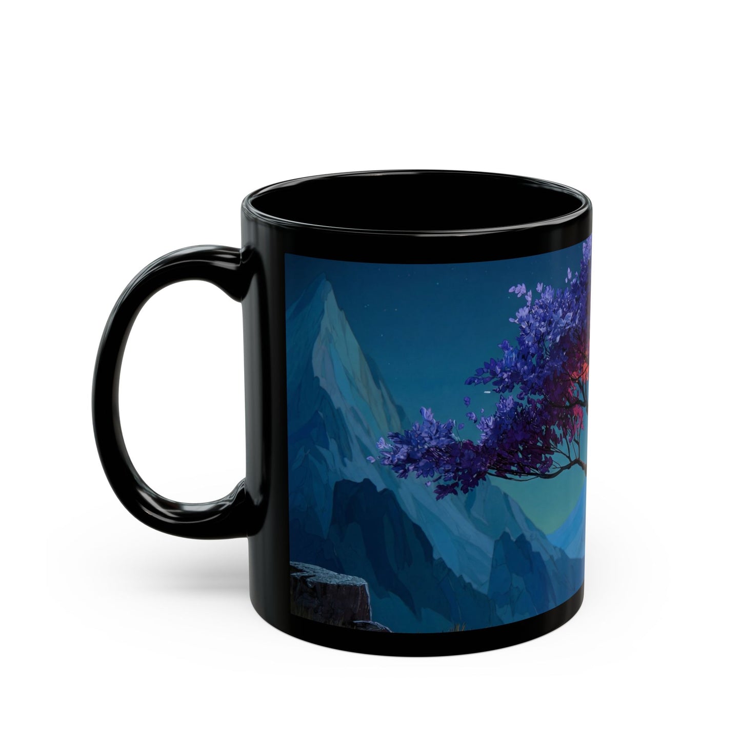 Starlit Twilight Tree Black Mug – Celestial Bloom Dreamscape