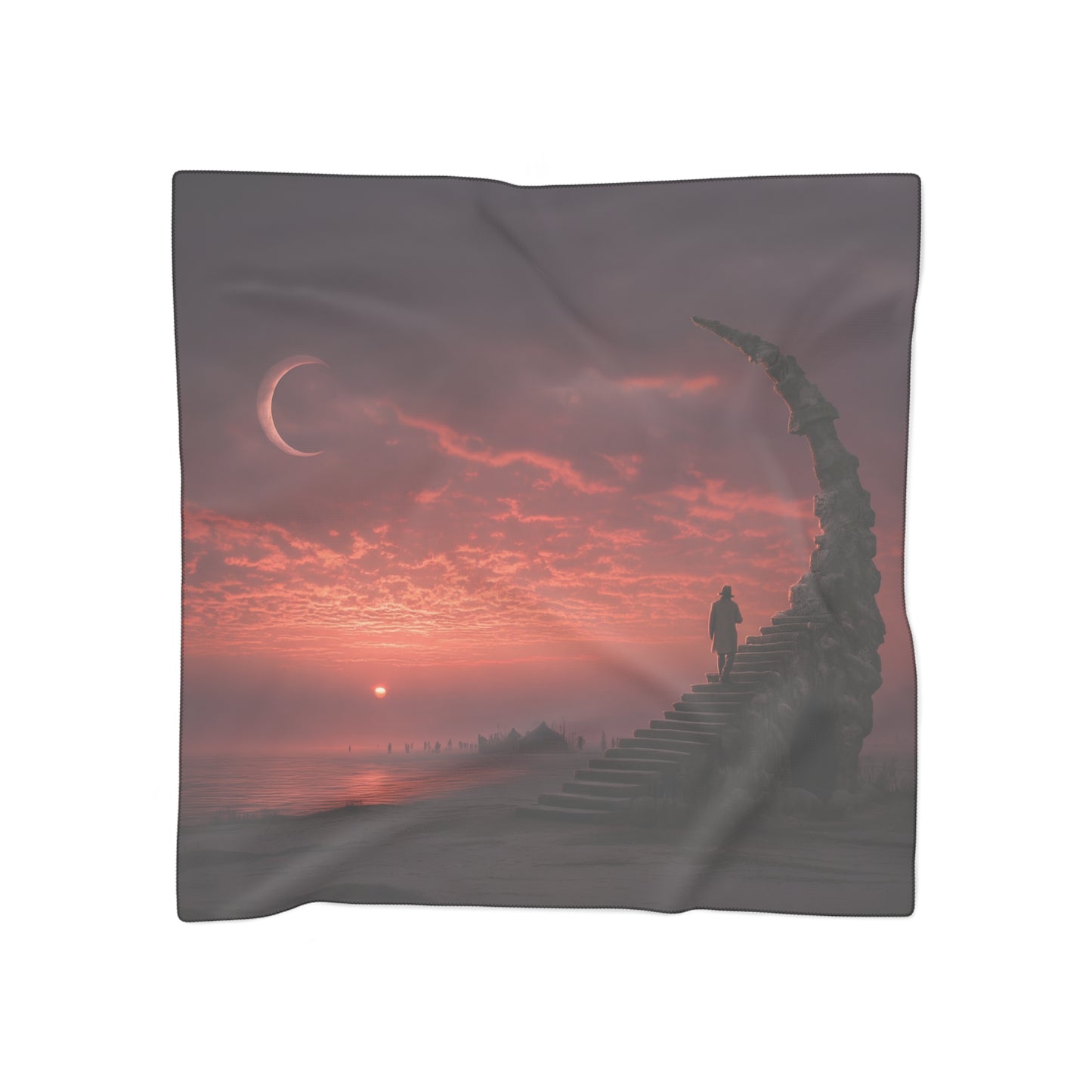 Lone Traveler Ascends Stone Staircase Scarf – Crimson Sky Odyssey