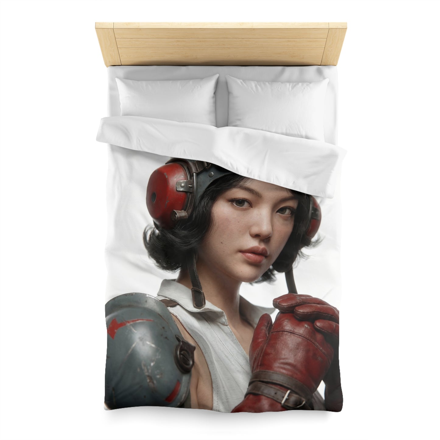 Vintage Pilot Portrait Microfiber Duvet Cover – Crimson Goggles & Steel Helm