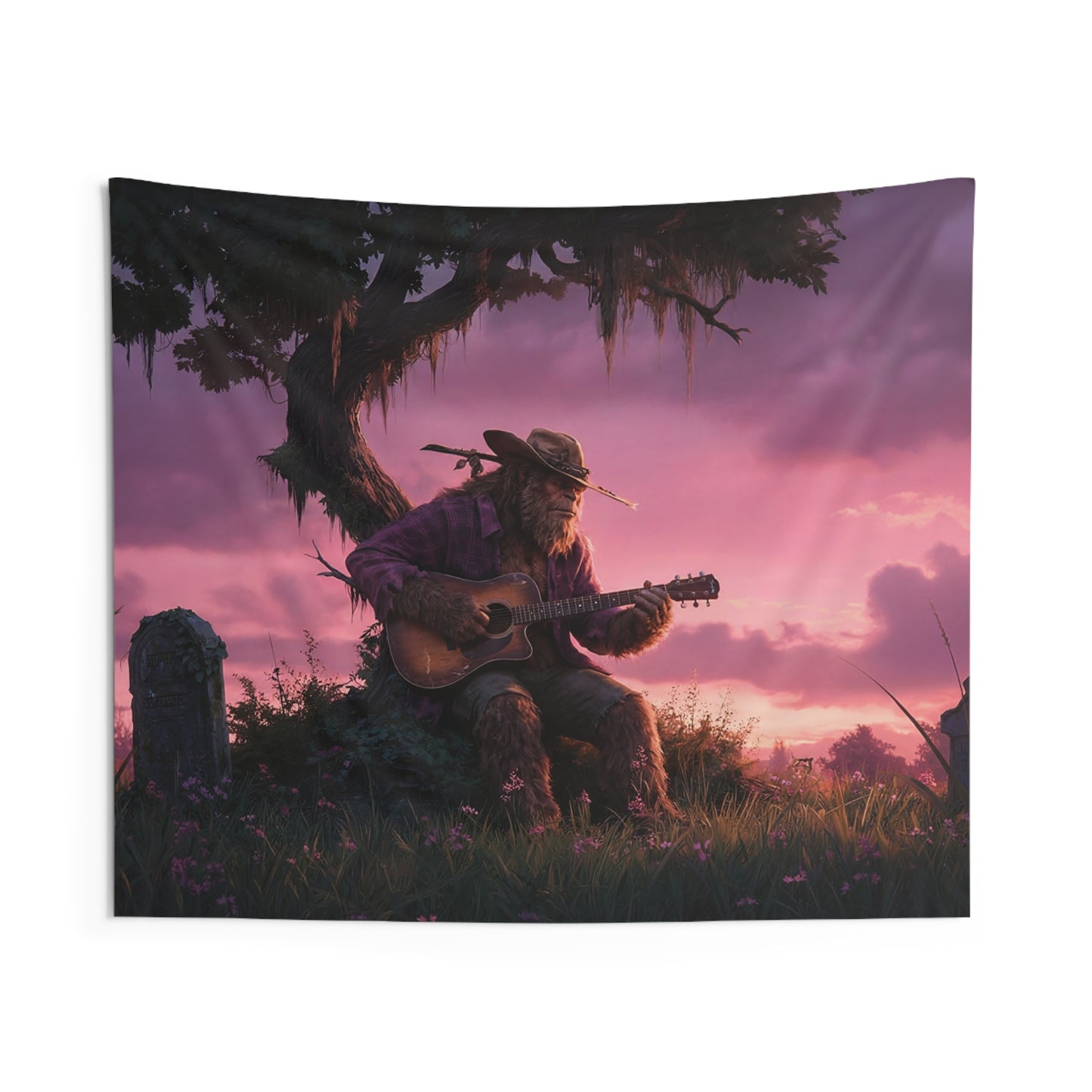 Bigfoot Folk Singer Wall Tapestry – Sunset Serenade in the Whispering Grove