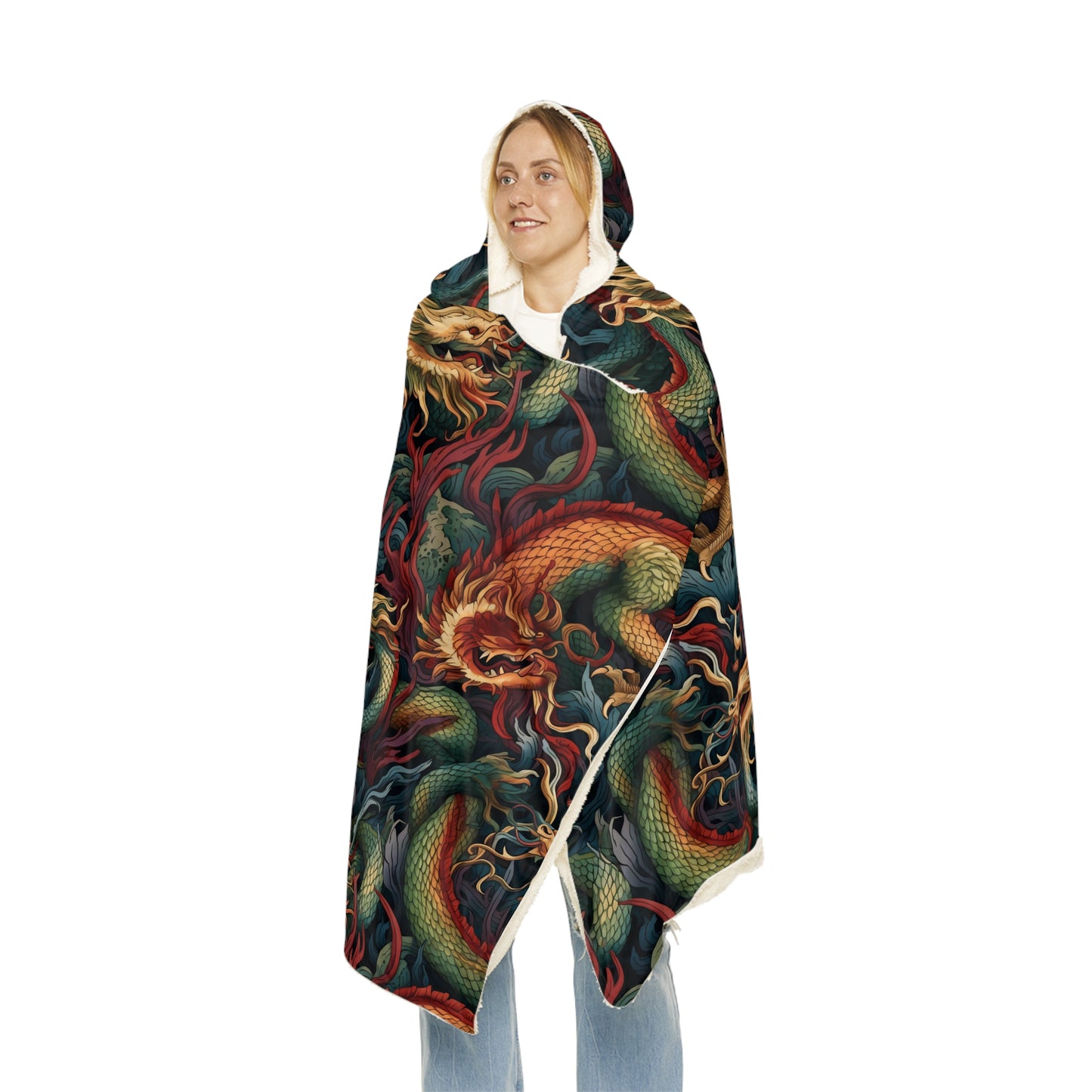 "A detailed pattern of mythical fire creatures, such as dragons, salamanders, and firebirds, depicted in a rich tapestry of garnet, topaz, and deep jade colors." - Snuggle Blanket