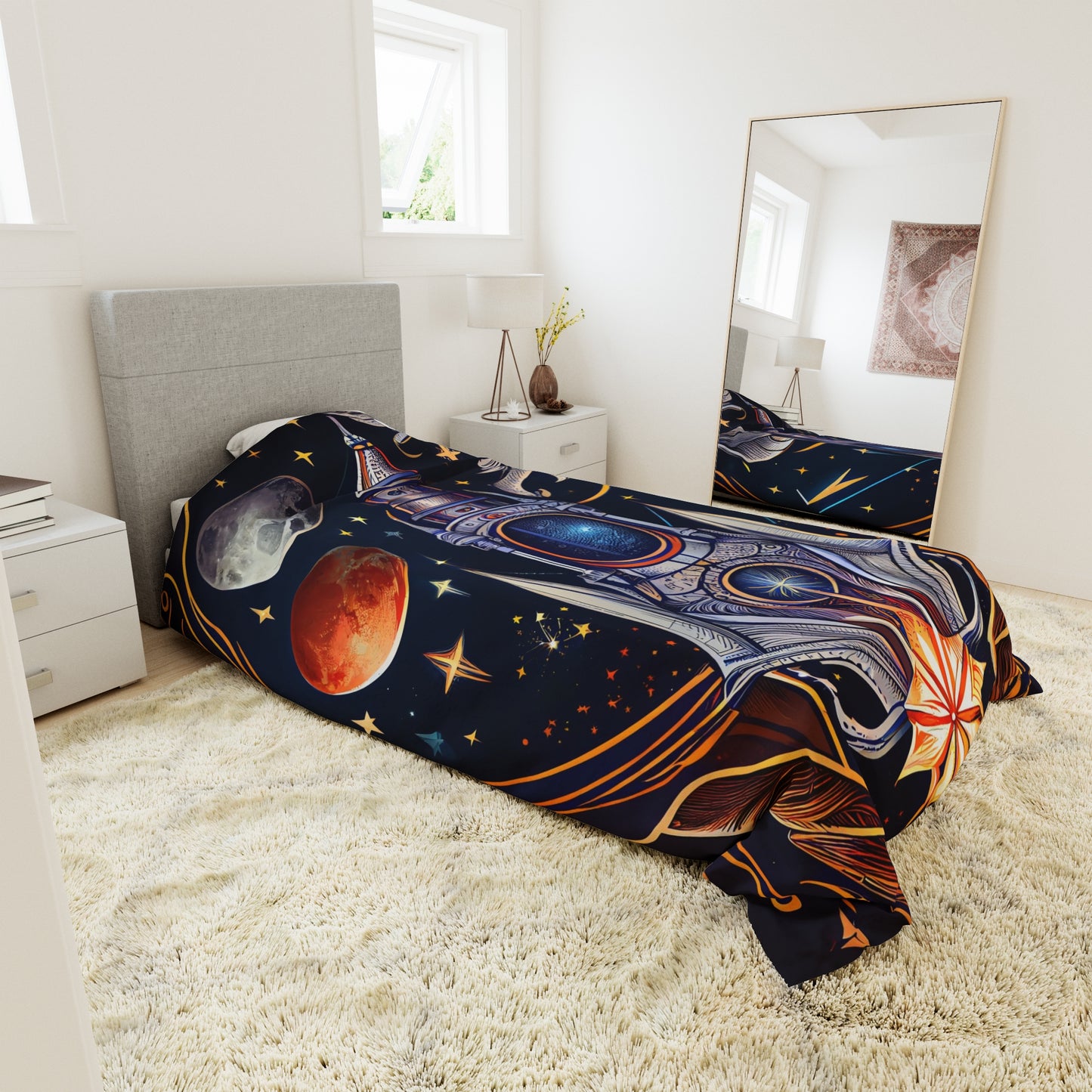 t-shirt design, rocket ship, stars, moons, art nouveau, alphonse much - Duvet Cover