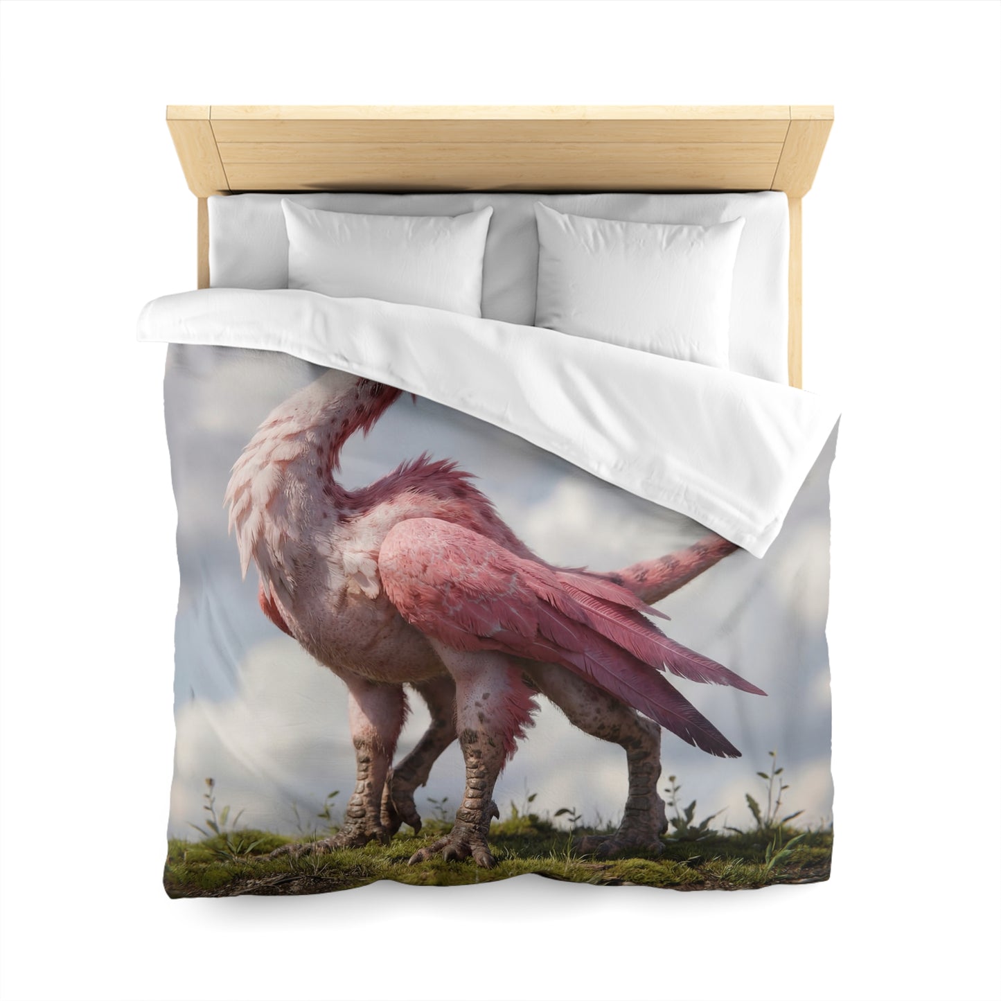 Pink Dawn Sentinel Duvet Cover – Soft Feathers on a Misty Shore