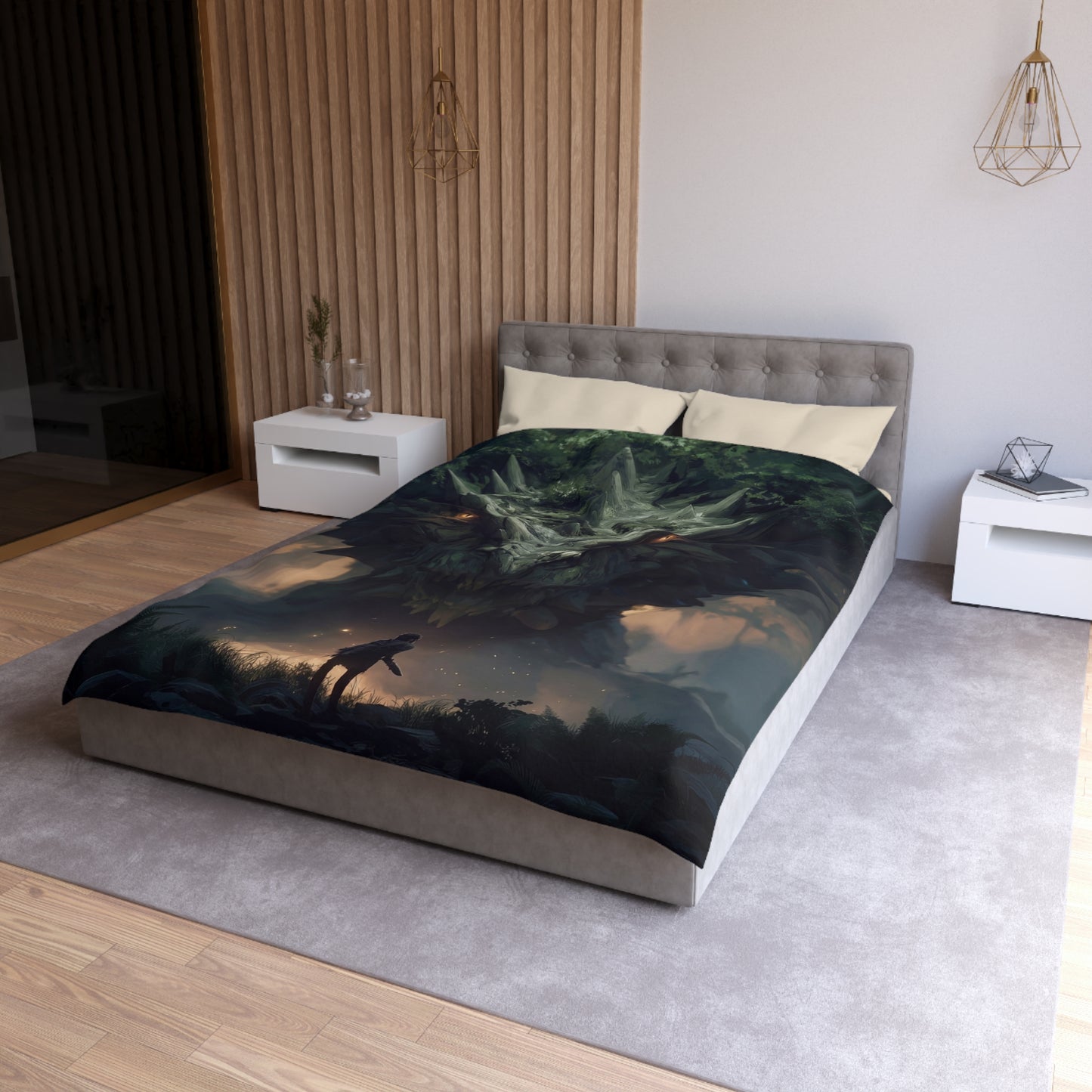 Ancient Dragon Sentinel Microfiber Duvet Cover – Forest Guardian at Dusk