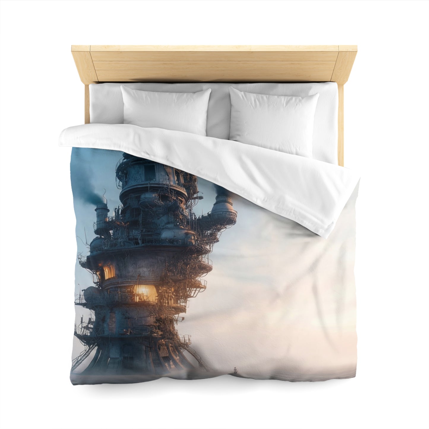 Skyward Steam Tower Microfiber Duvet Cover – A孤独 Sentinel in Dawn’s Hush