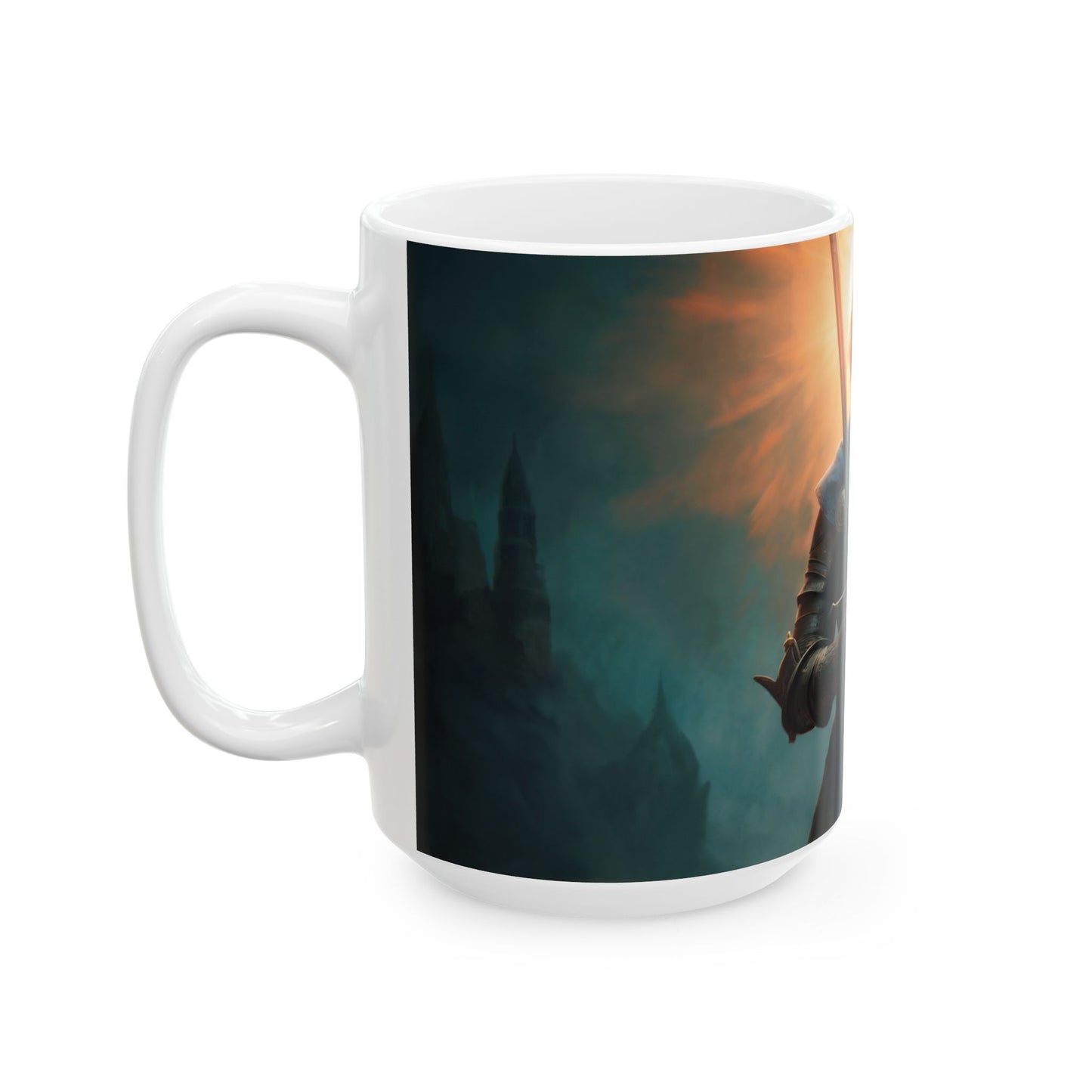 Sunlit Sentinel Ceramic Mug – (11oz, 15oz) Dawn’s Radiant Resolve