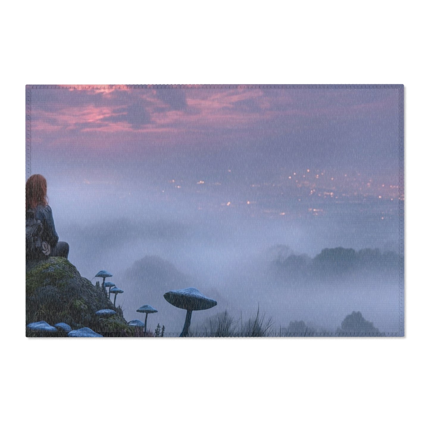 Moonlit Sentinel Area Rugs – Crimson Sky Over Misty Peaks
