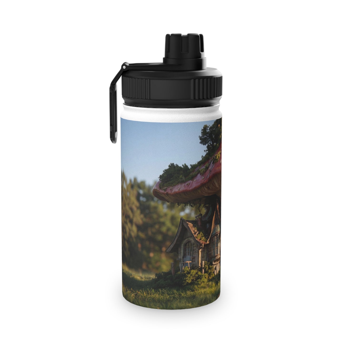 Mushroom Cottage Water Bottle – Red Cap Forest Dwelling with Gnarled Roots