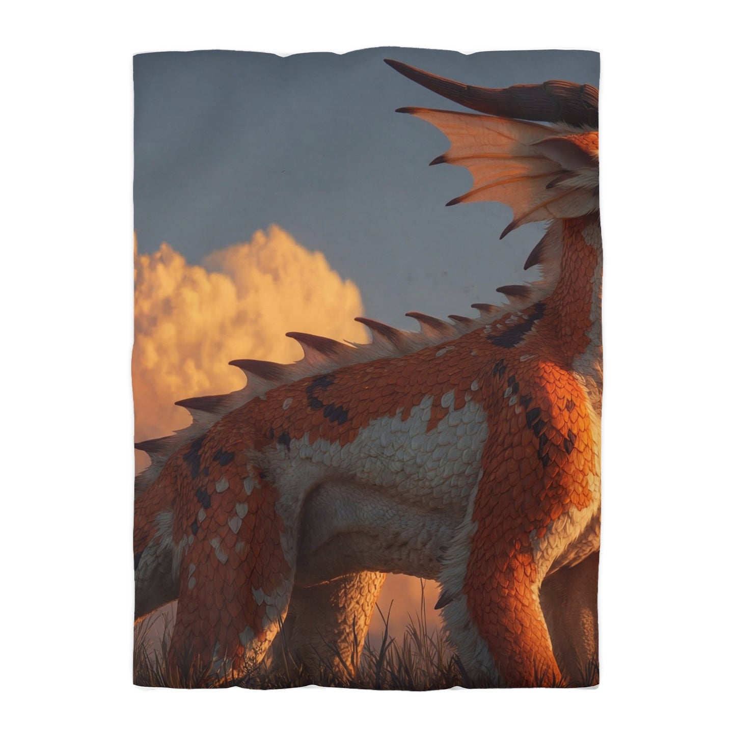 Sunset Sentinel Dragon Microfiber Duvet Cover – Warm Amber Glow in Wild Grass