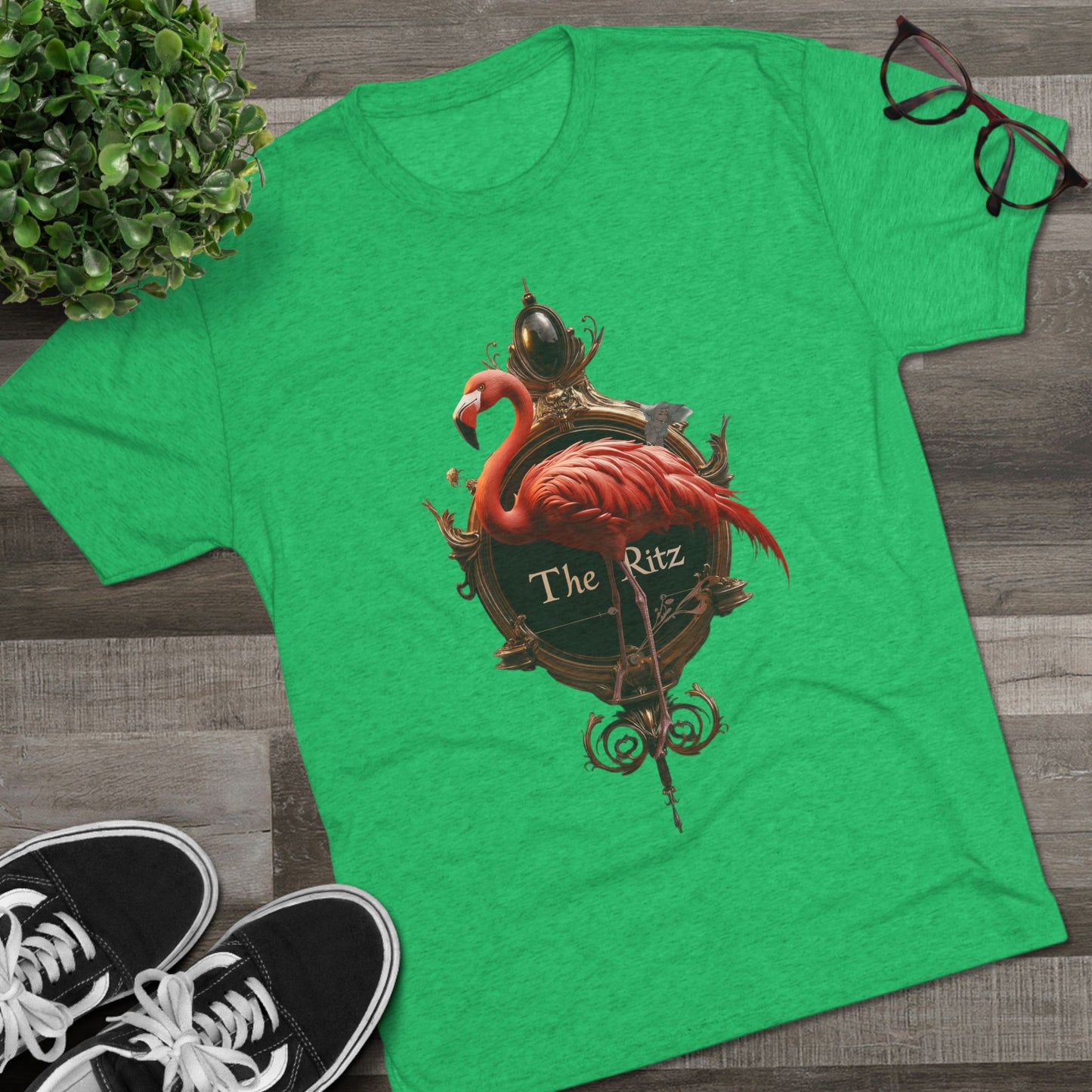 The Ritz Flamingo Sign Tri-Blend Crew Tee – Velvet Gold and Crimson Crest