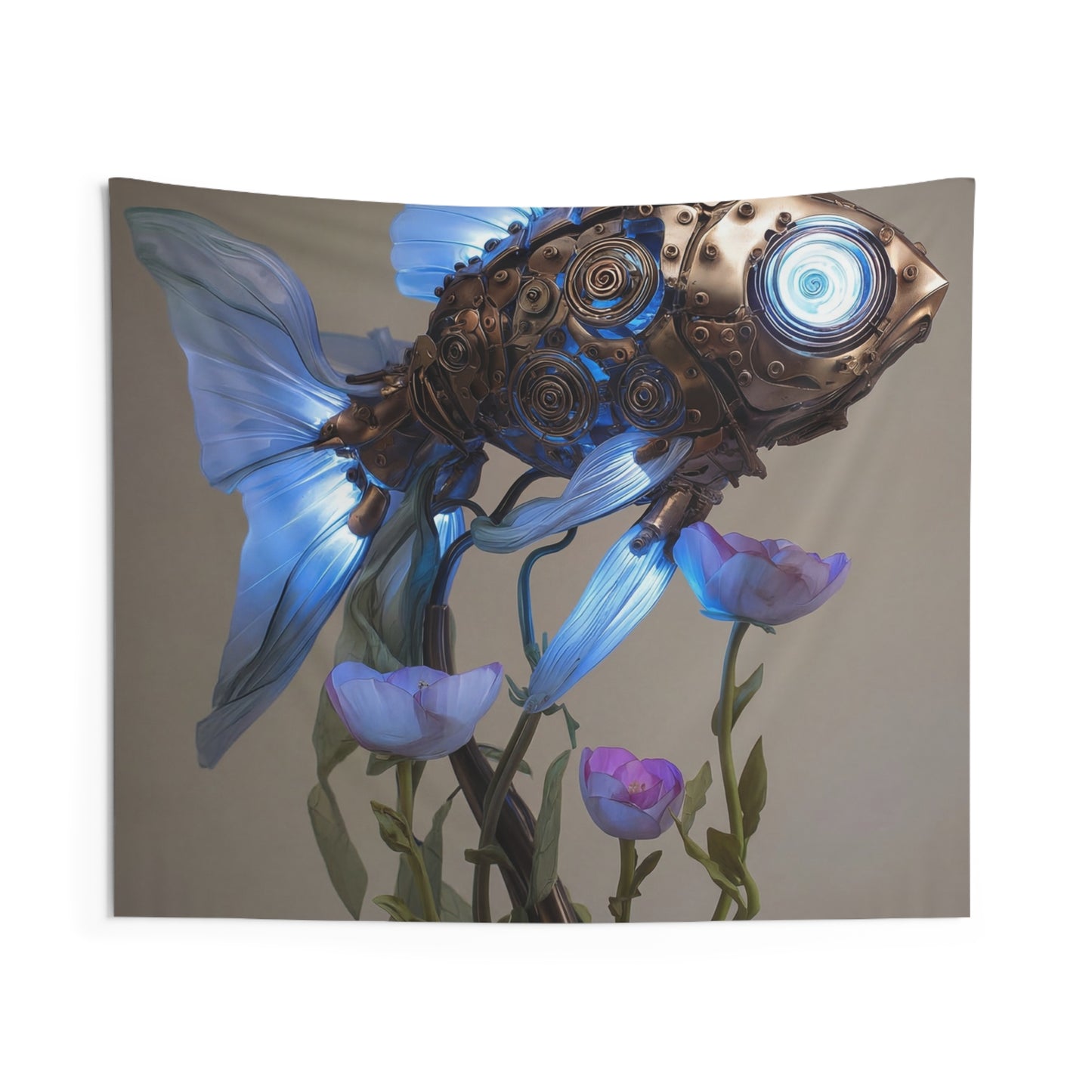 Steampunk Goldfish Indoor Wall Tapestries – Glowing Mechanical Bloom