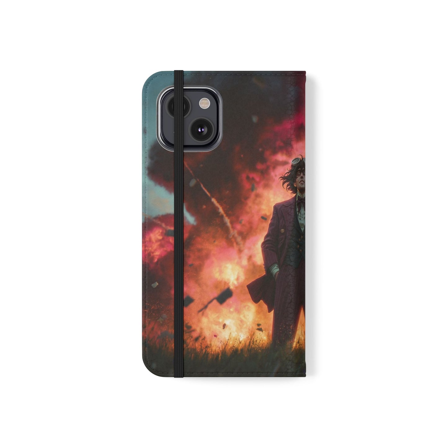 Goggles & Chaos Flip Cases – Purple Suit Amidst Fiery Explosion