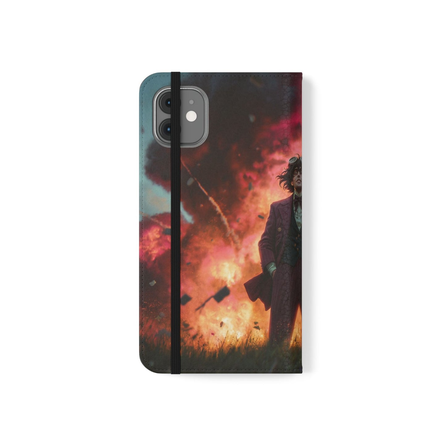 Goggles & Chaos Flip Cases – Purple Suit Amidst Fiery Explosion