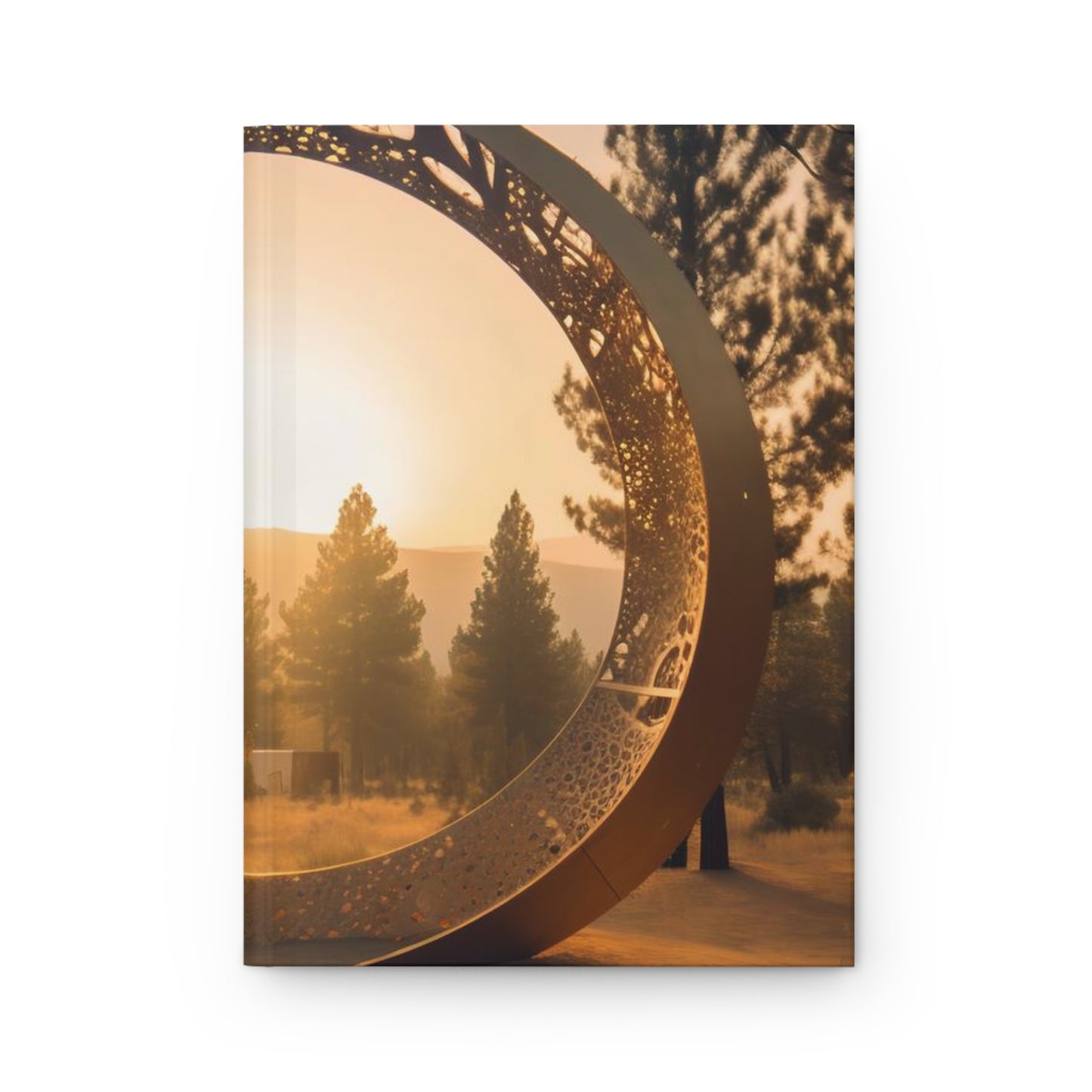 golden hour, rune-carved stargate made of glowing steel that forms a circle, leads to the burning man festival, forest in the background, cinematic view, epic sky - Hardcover Journal Matte