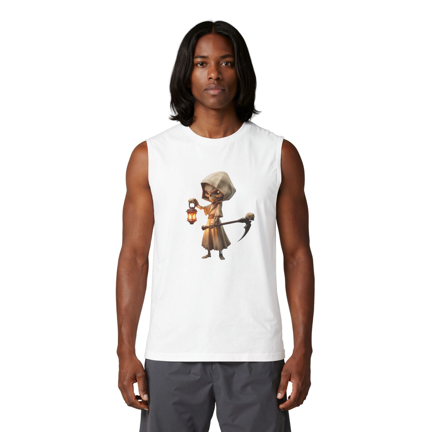 Lantern-Bearing Guardian Muscle Tank – Hooded Skeleton Sentinel Graphic