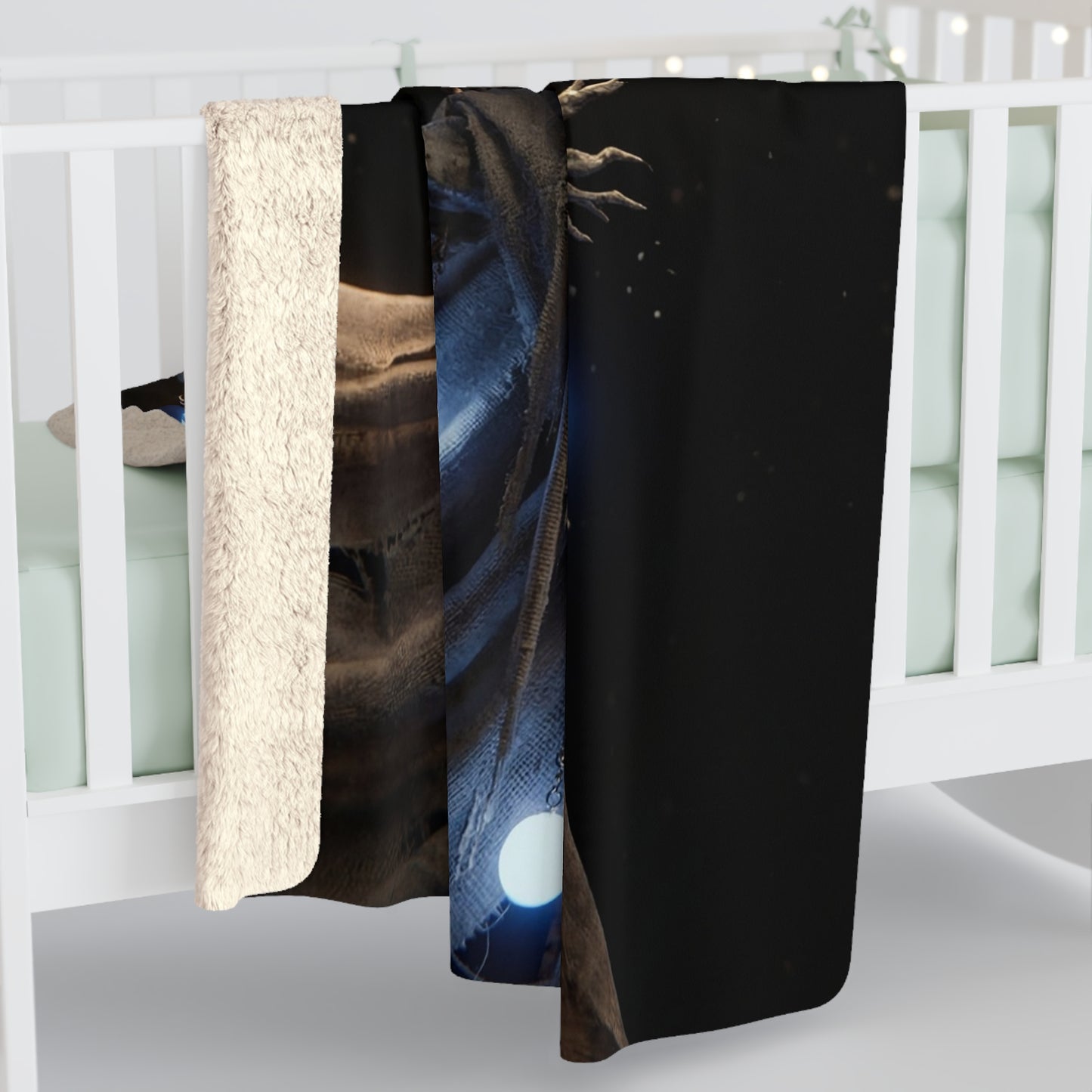 Moonlit Owl Sentinel Sherpa Fleece Blanket – Red-Eyed Guardian with Antlers and Blue Spheres
