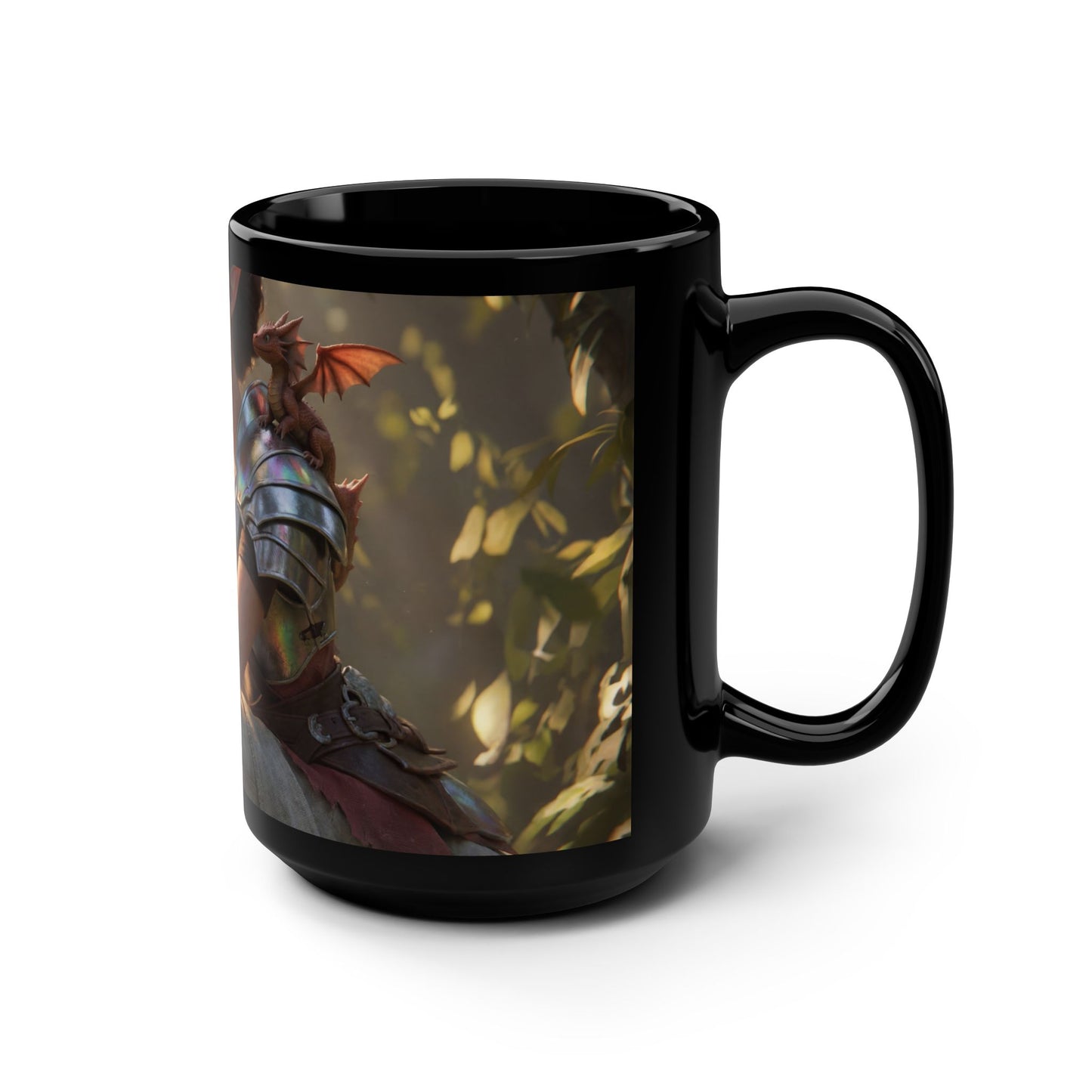 Elven Paladin with Mini Dragon Black Mug, 15oz – Iridescent Armor & Tiny Guardian