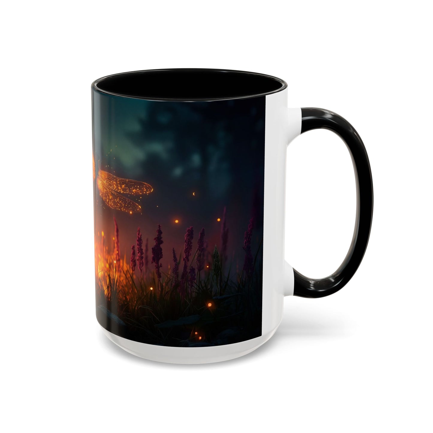 Firefly Dragonfly Accent Coffee Mug (11, 15oz) – Twilight Luminescence Over Meadow