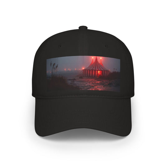 Crimson Carnival Tent Cap – Foggy Shoreline Circus Scene Low Profile Baseball Cap