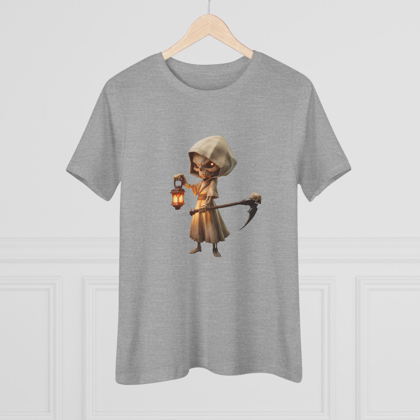 Lantern-Bearing Sentinel Women's Cotton Tee – Hooded Guardian with Scythe