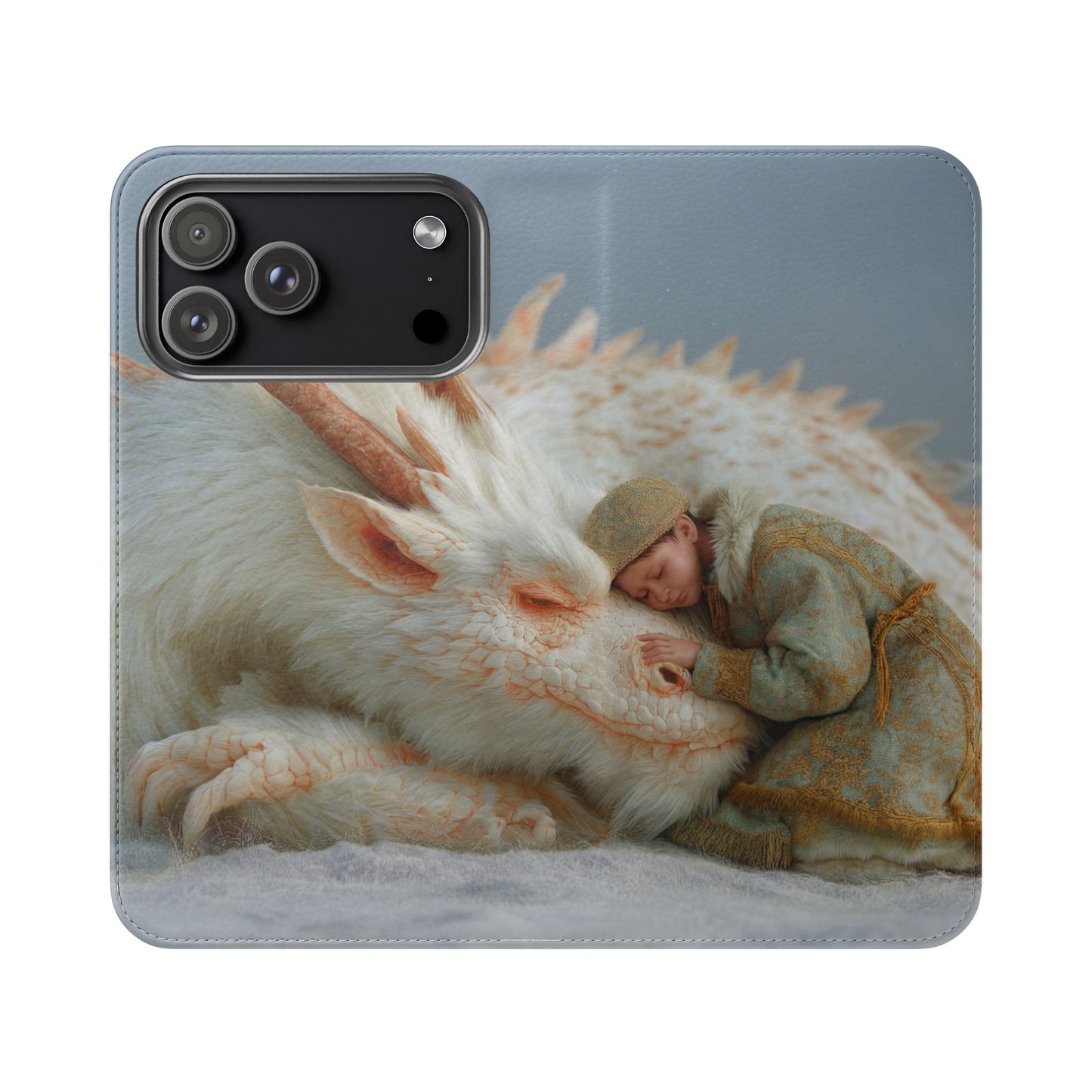 Sleeping Child and Dragon Flip Cases – Snowy Guardian Embrace