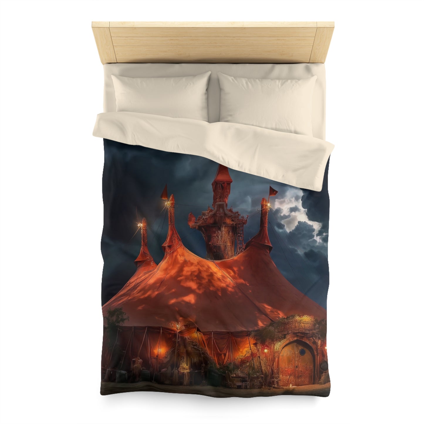 Crimson Carnival Tent Duvet Cover – City Lights Under Stormy Skies