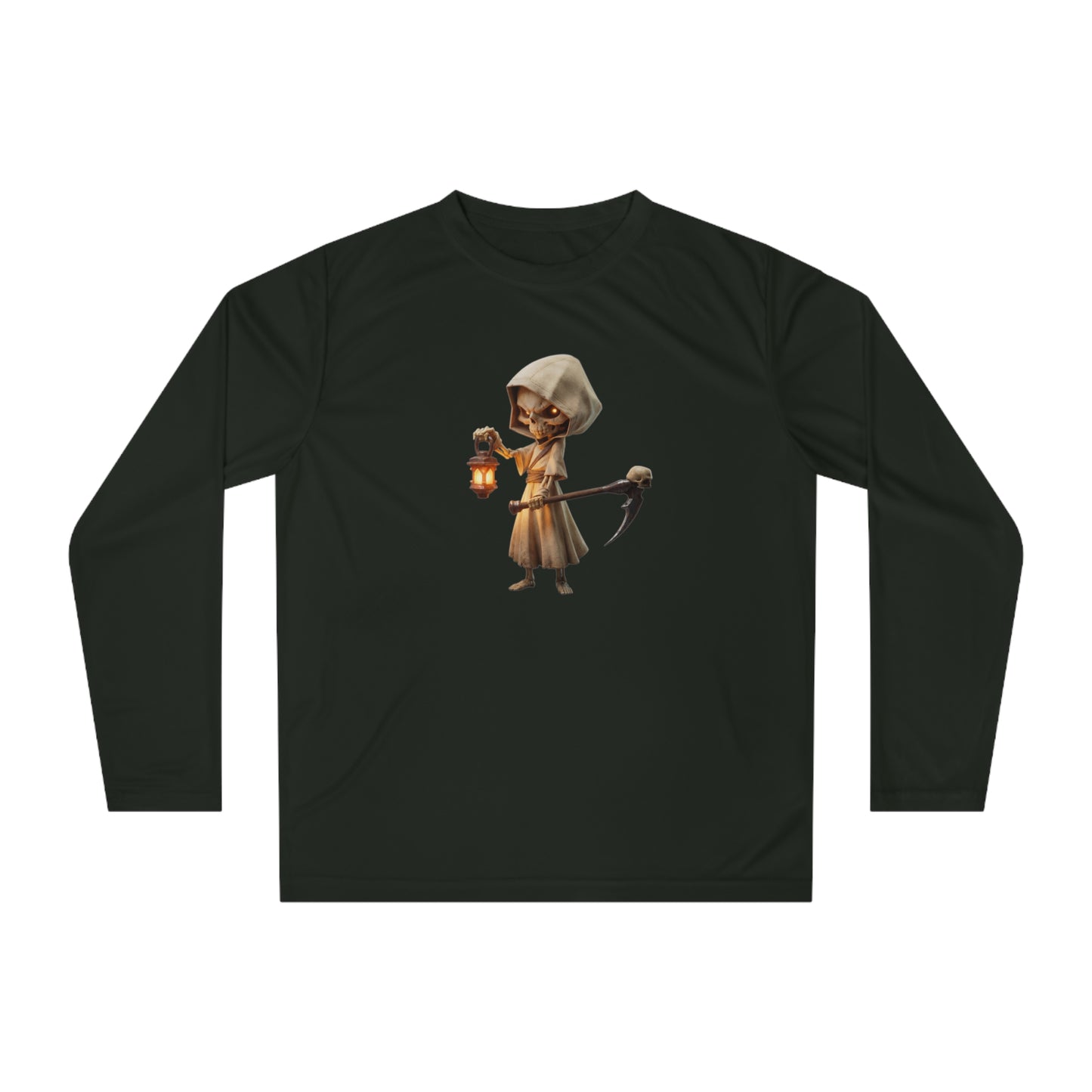 Lantern-Bearing Sentinel Unisex Performance Long Sleeve Shirt – Hooded Skeleton with Scythe and Warm Glow
