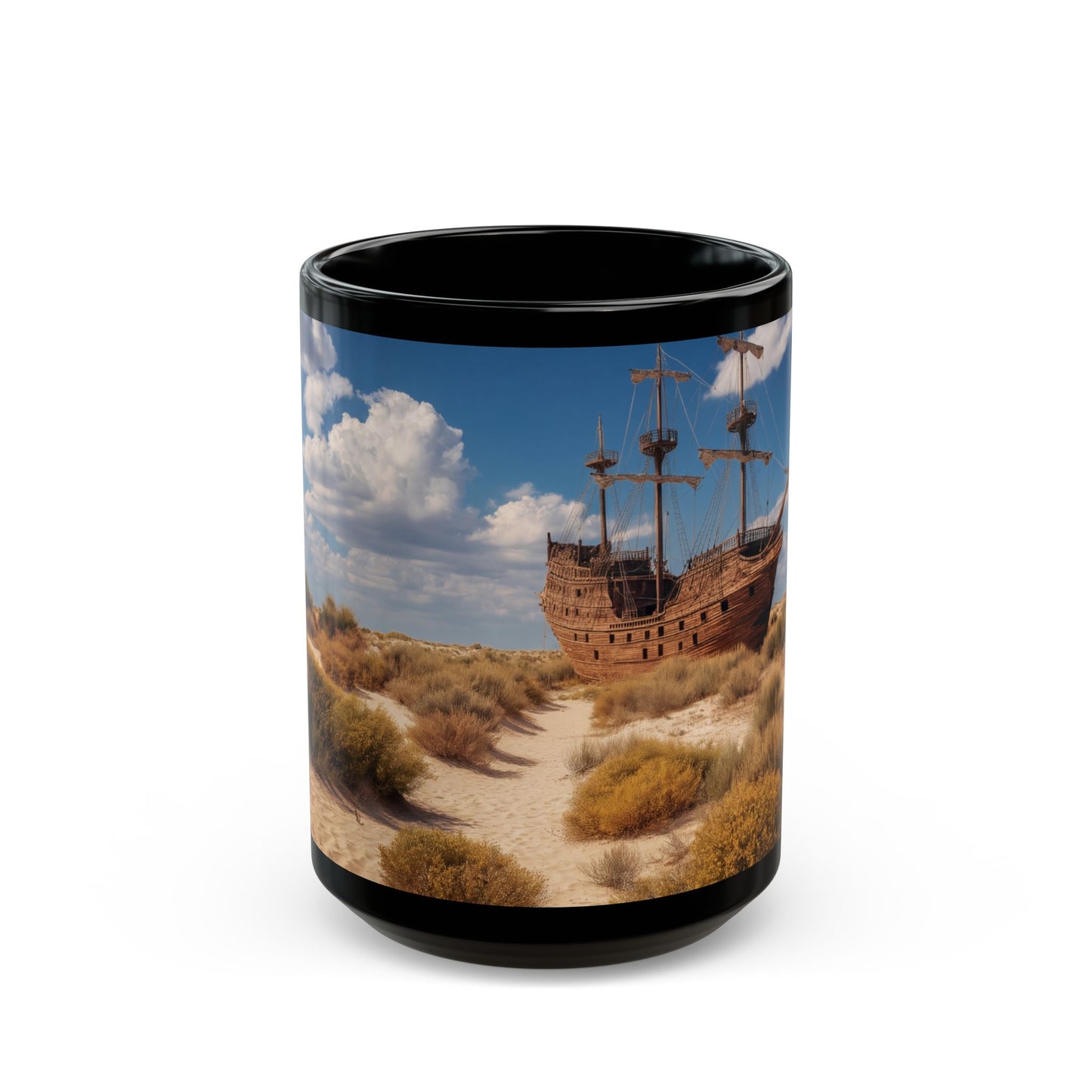 Desert Shipwreck Black Mug – Sun-Drenched Sand and Salted Skies