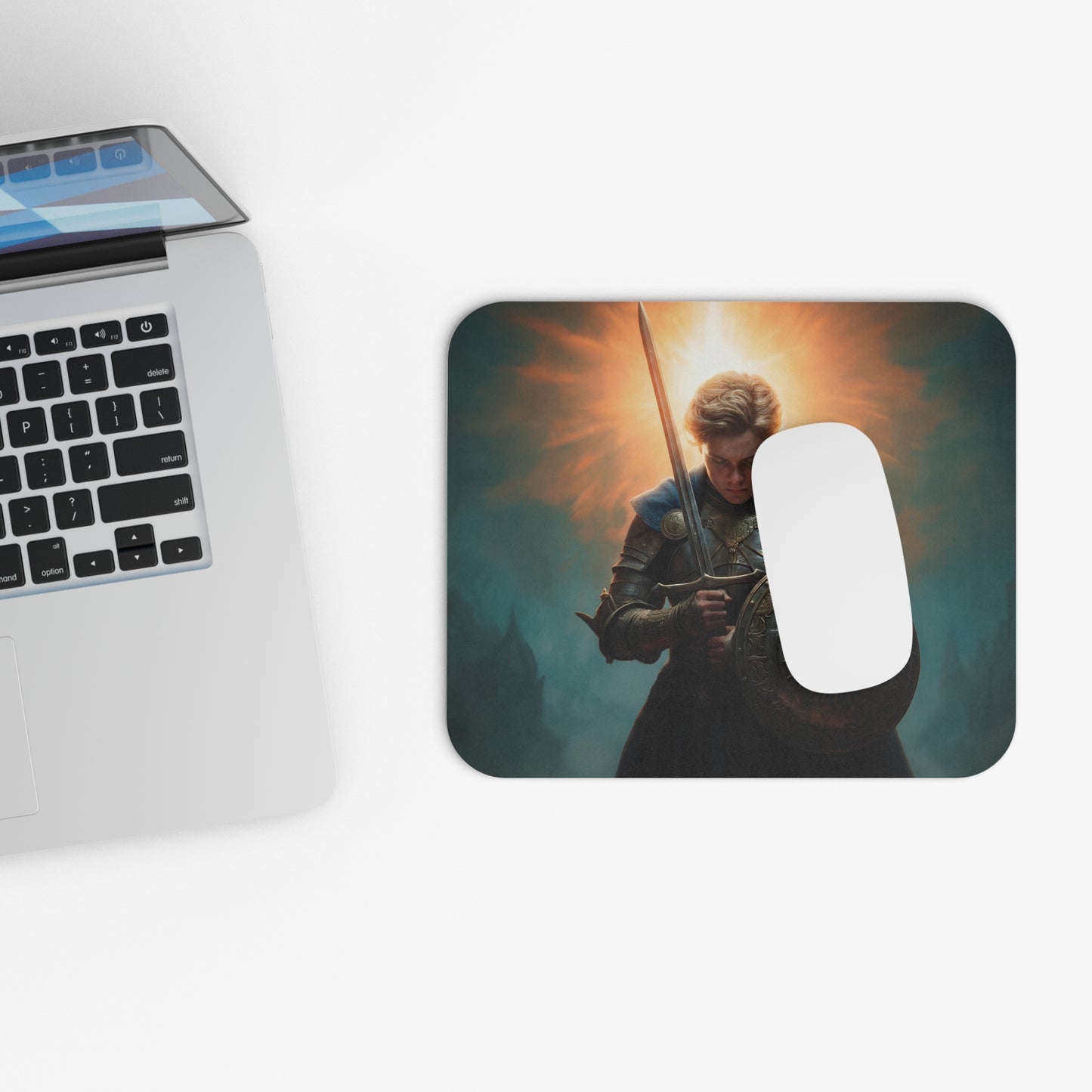 Dawn-Walk Knight Mouse Pad – Sunlit Steel Resolve Rectangle