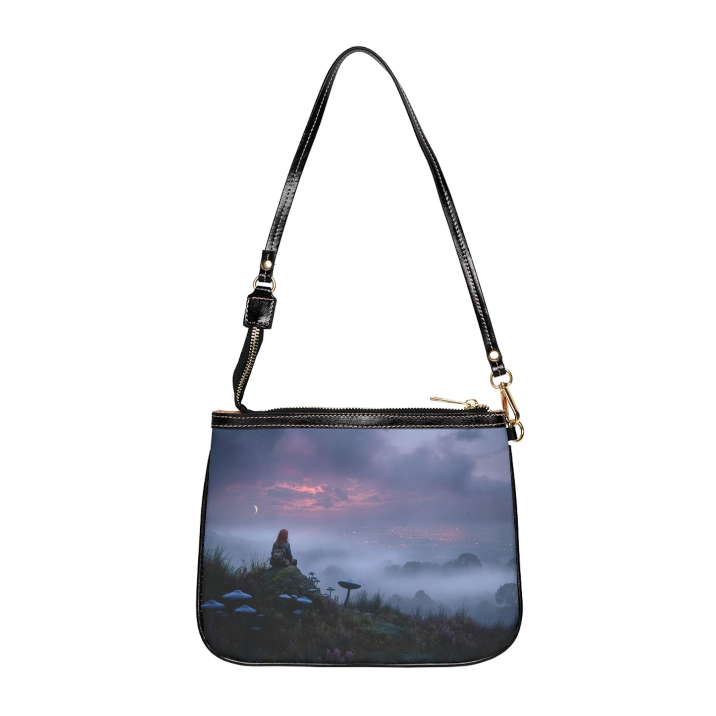 Moonlit Mycophile Shoulder Bag – Twilight Grove with Giant Mushrooms