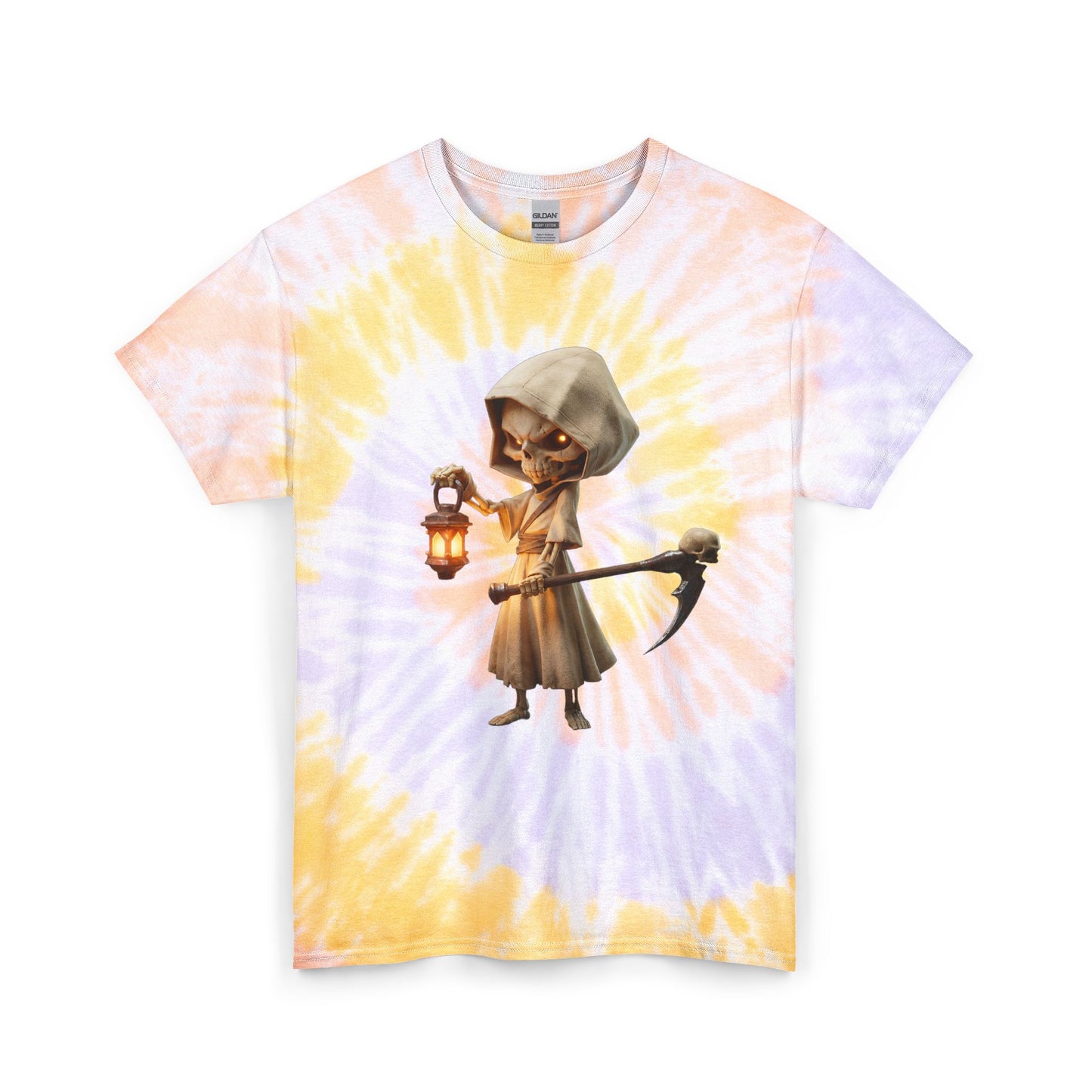 Lantern Guardian Unisex Tie Dye Cotton Tee – Hooded Reaper with Skull Scythe and Glow