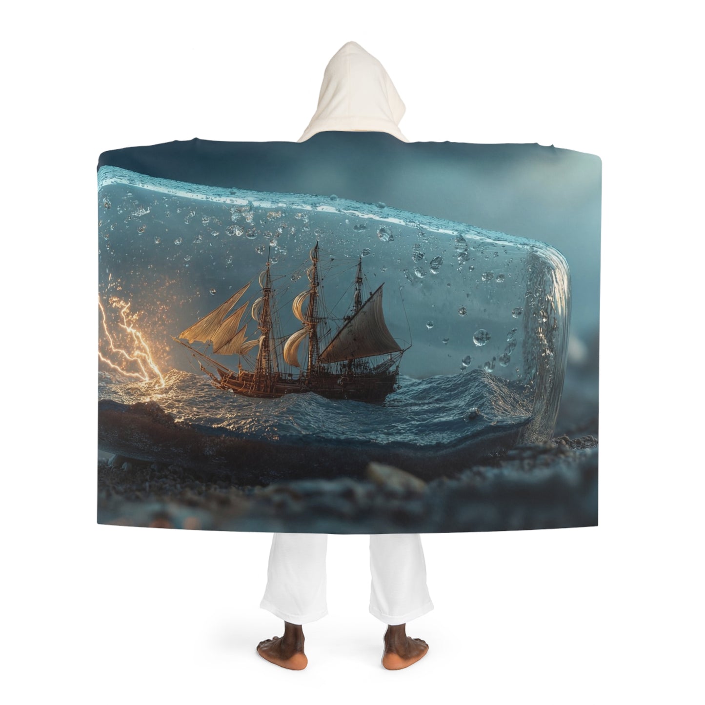 Storm-Sailed Ship in Bottle Hooded Sherpa Fleece Blanket – Pocketed Ocean Dreamscape