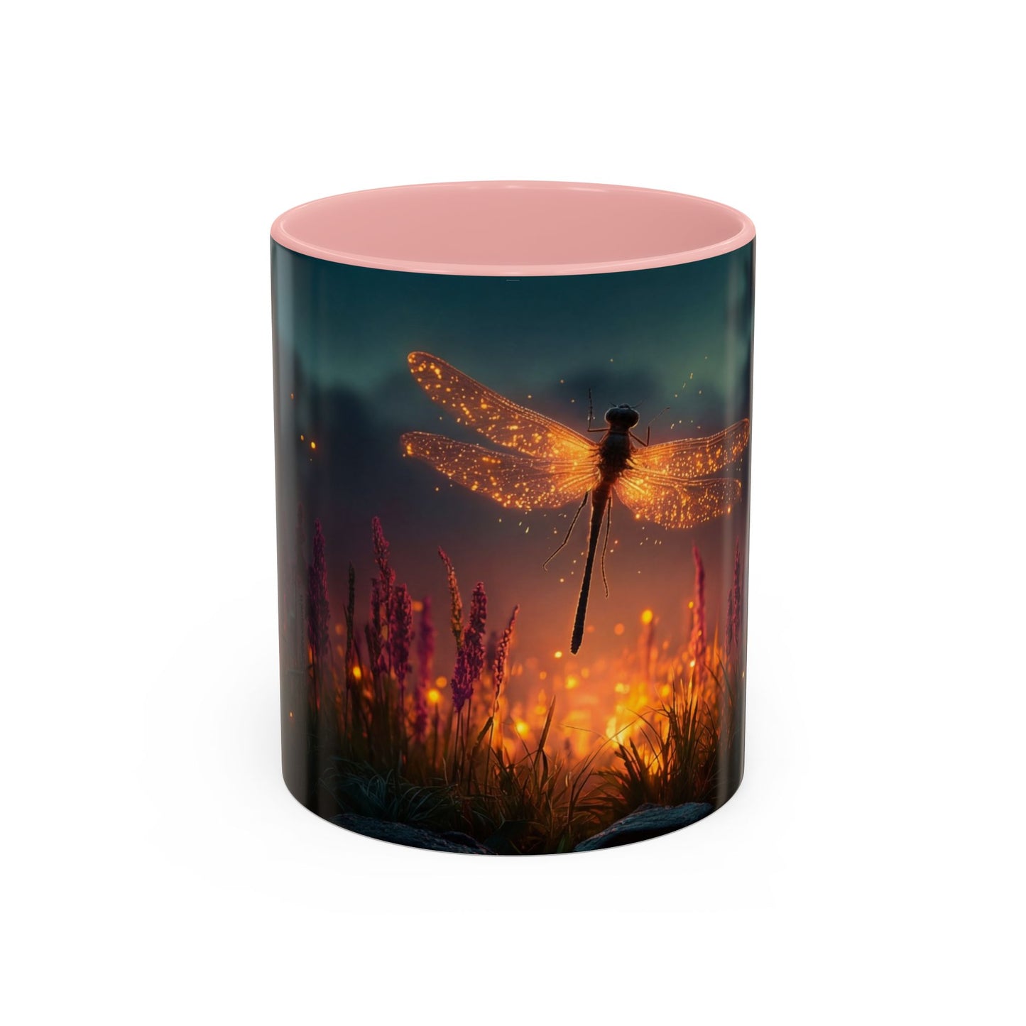 Firefly Dragonfly Accent Coffee Mug (11, 15oz) – Twilight Luminescence Over Meadow