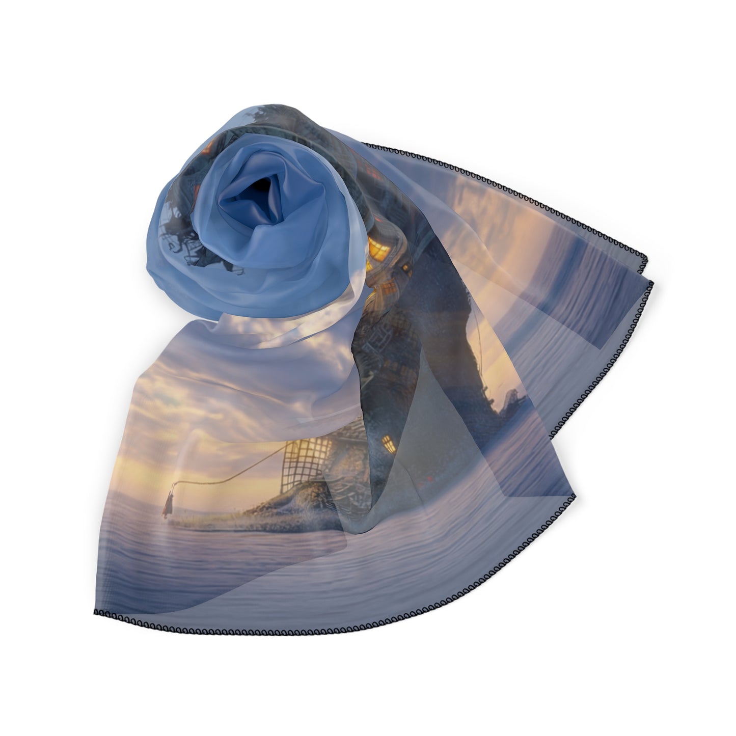 Skyward Beacon Poly Scarf – Twilight Lighthouse Dreamscape