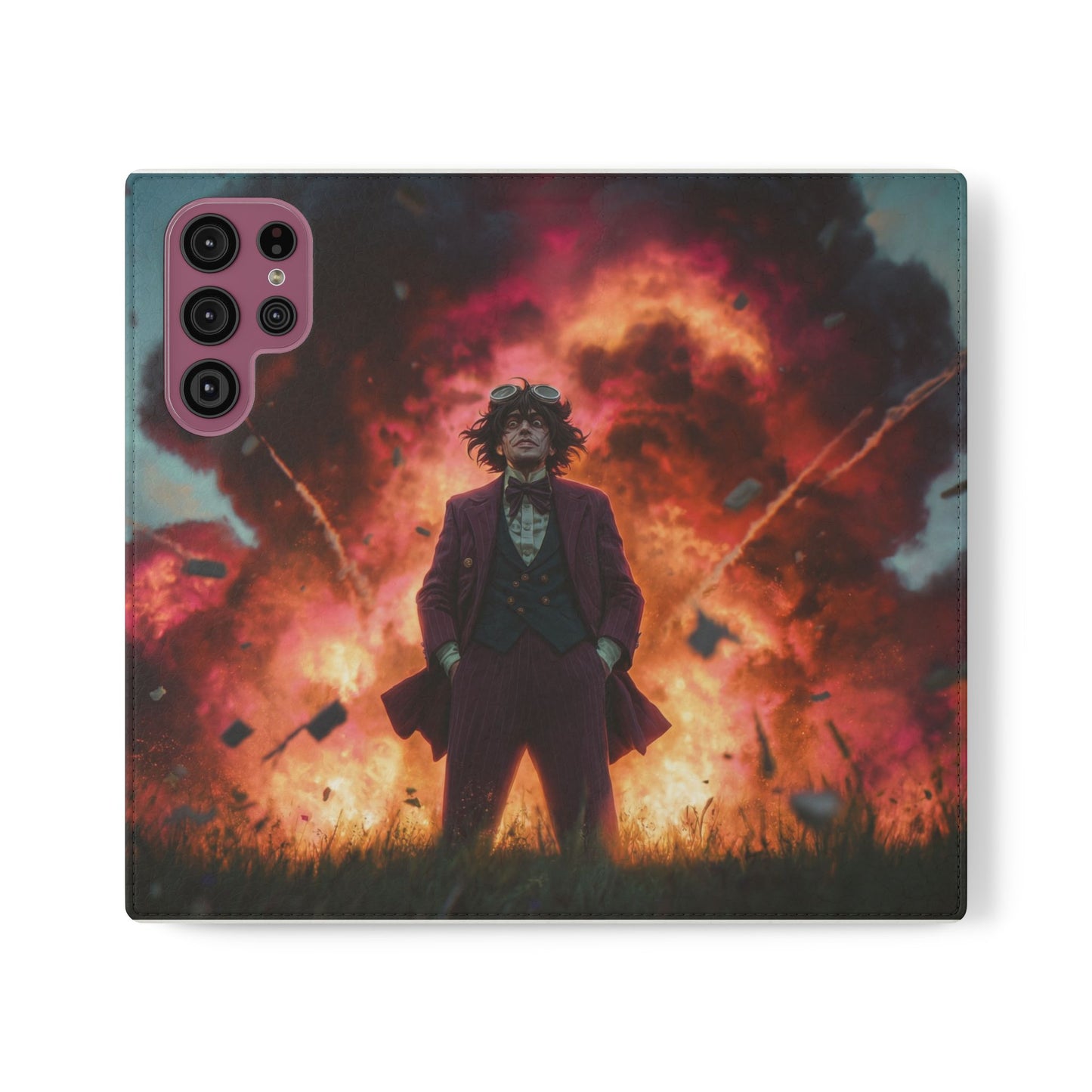Goggles & Chaos Flip Cases – Purple Suit Amidst Fiery Explosion