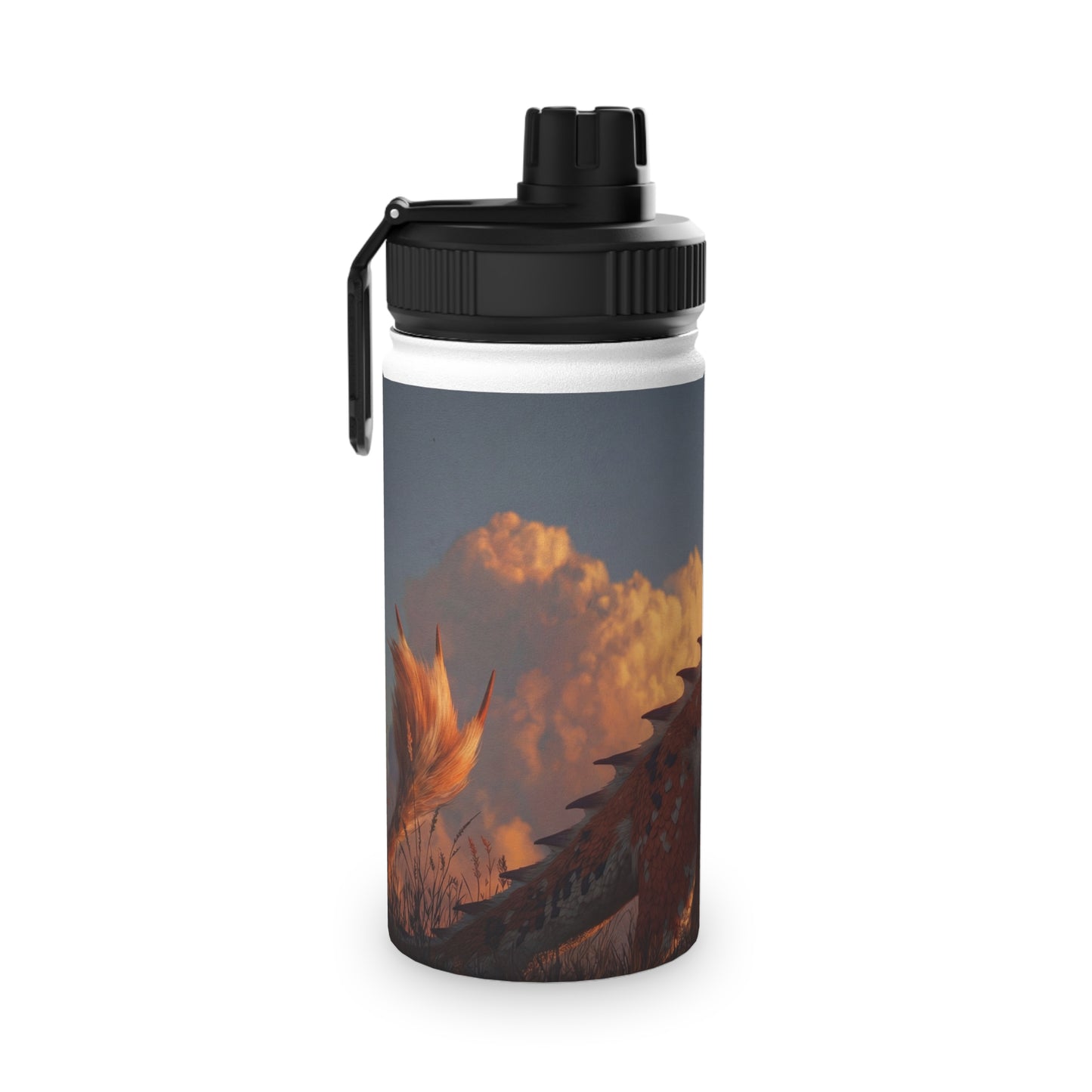 Sunset Sentinel Dragon Stainless Steel Water Bottle, Sports Lid – Amber Scale Horizon