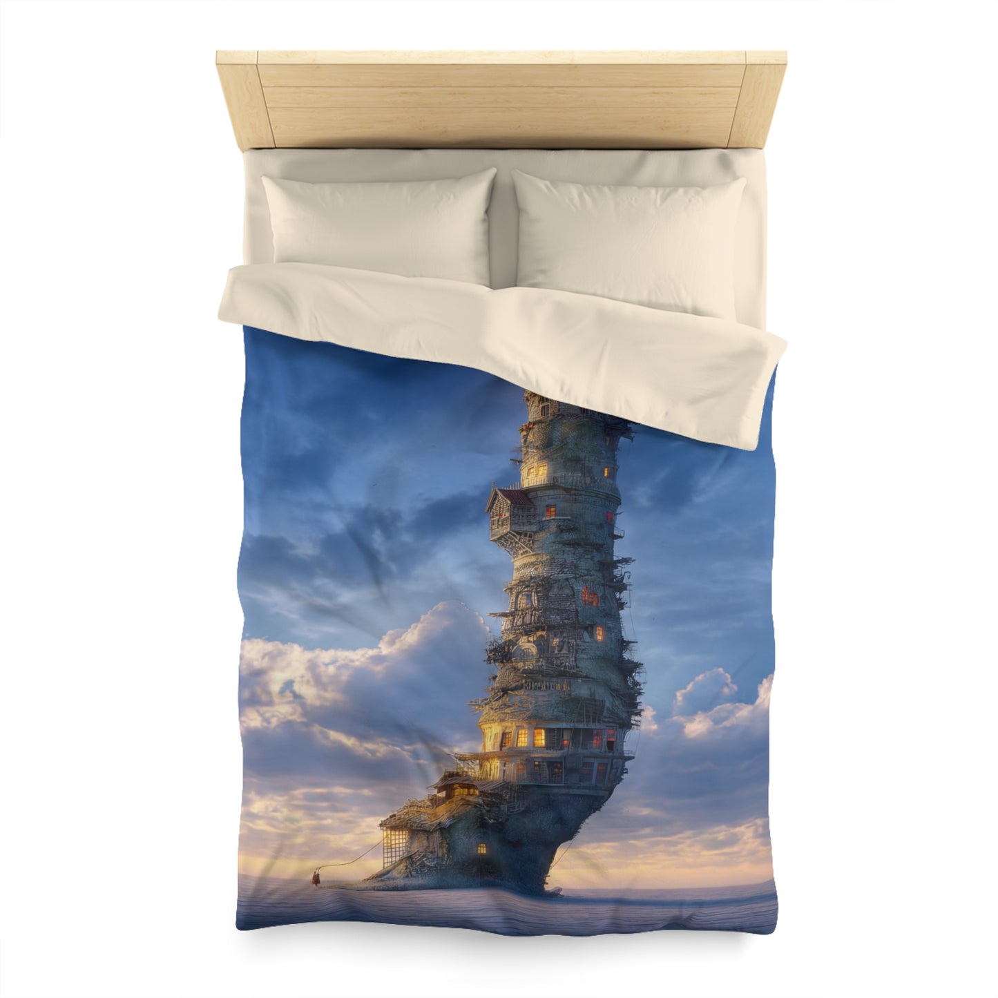 Skyward Lighthouse Microfiber Duvet Cover – A Beacon Through Twilight Clouds