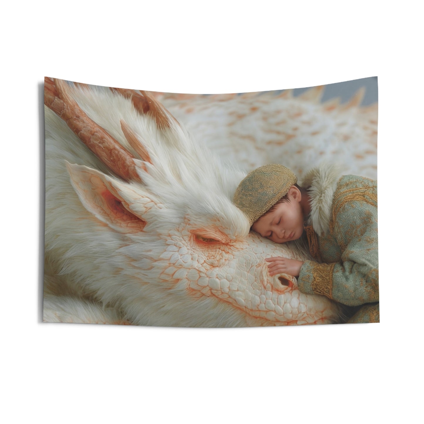 Child and White Dragon Indoor Wall Tapestries – Snowbound Serenity Dreamscape