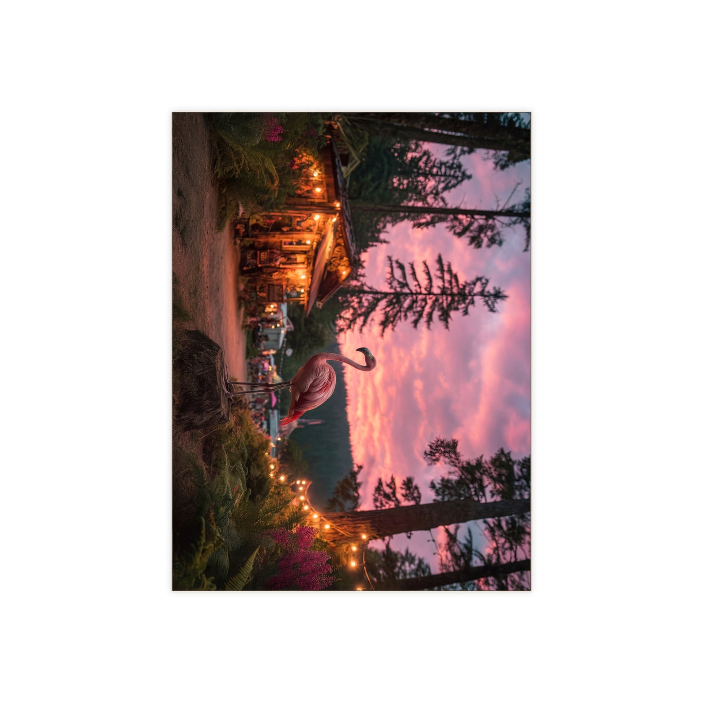 Pink Flamingo Forest Twilight Ceramic Photo Tile – Whimsical Sunset Sentinel