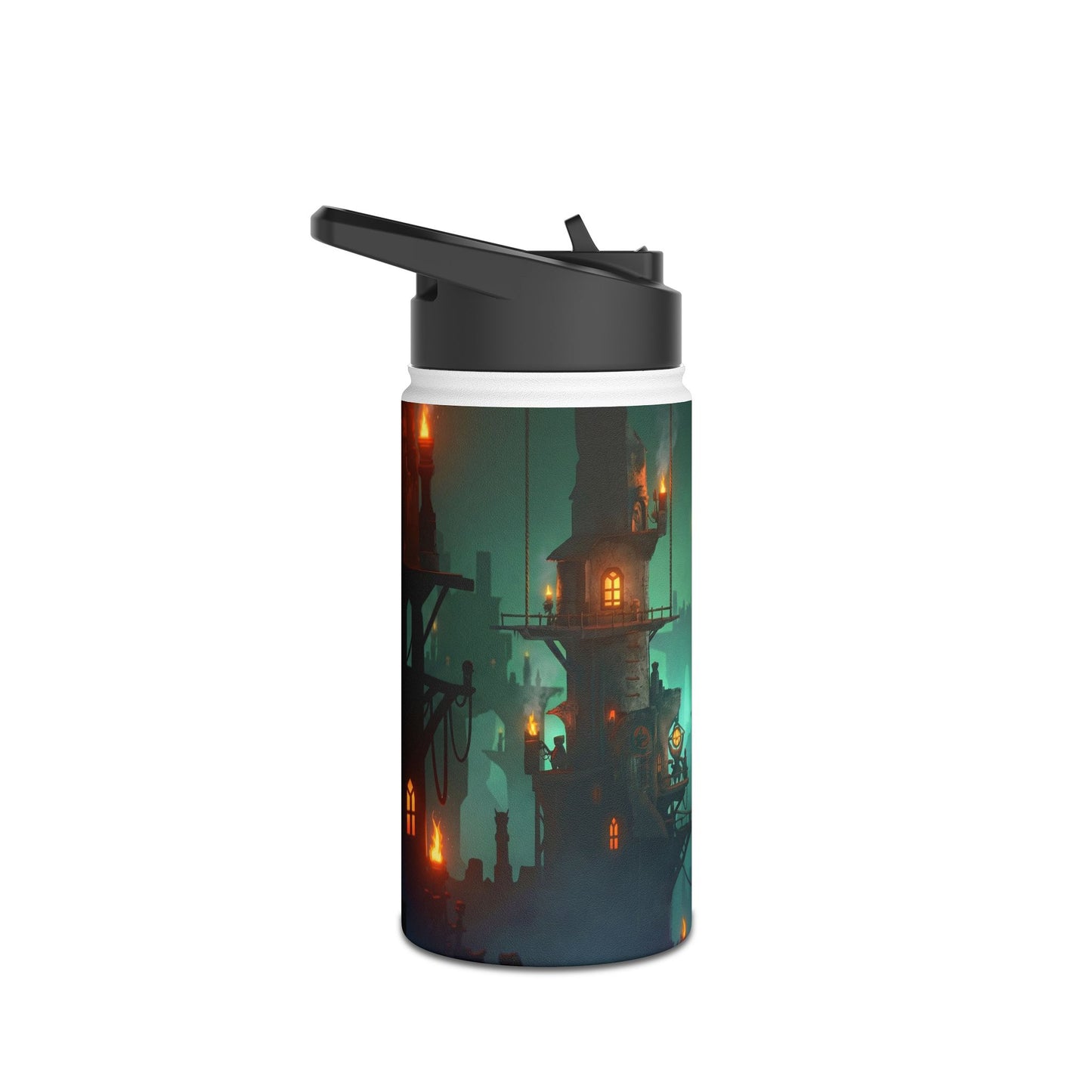 Floating City of Gilded Sparks Stainless Steel Water Bottle, Standard Lid – Neon Fog & Ember-Lit Towers