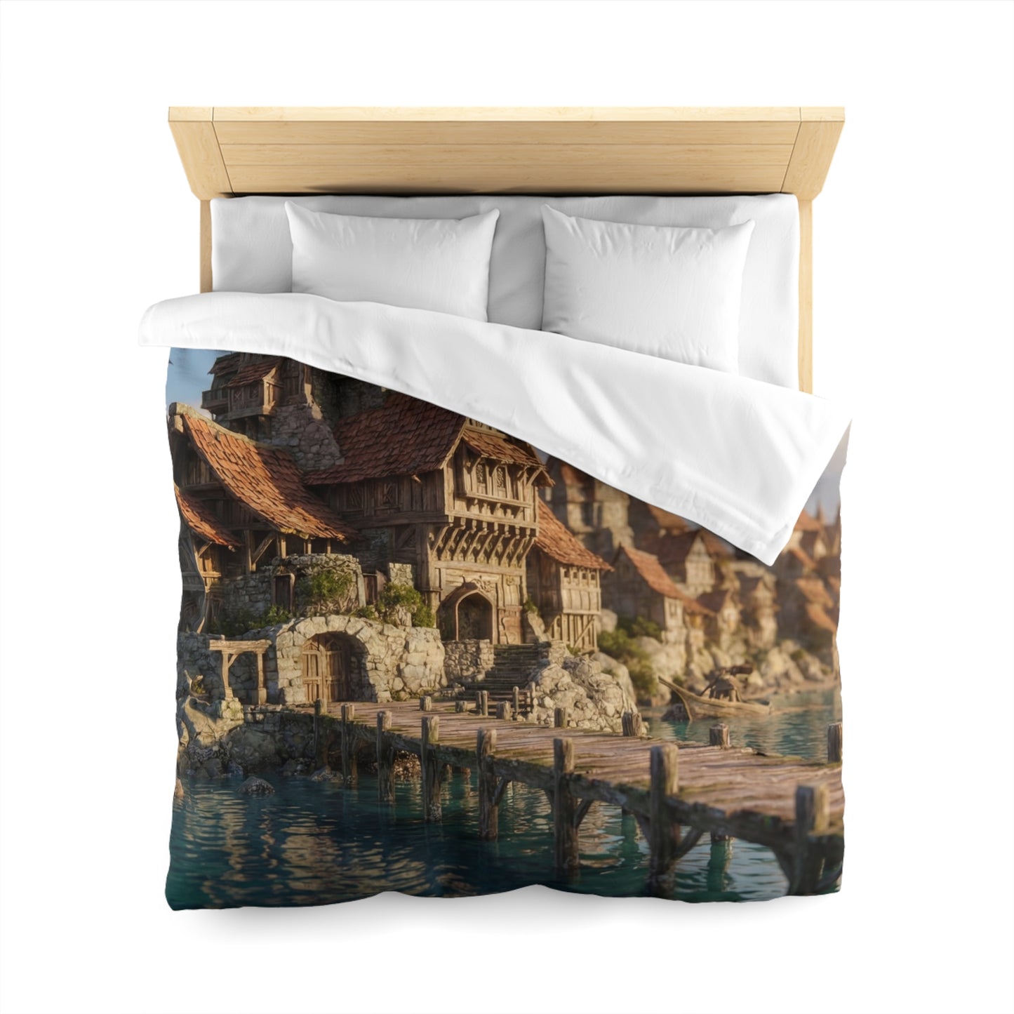 Seafarer’s Haven Microfiber Duvet Cover – Sunlit Harbor Dreamscape
