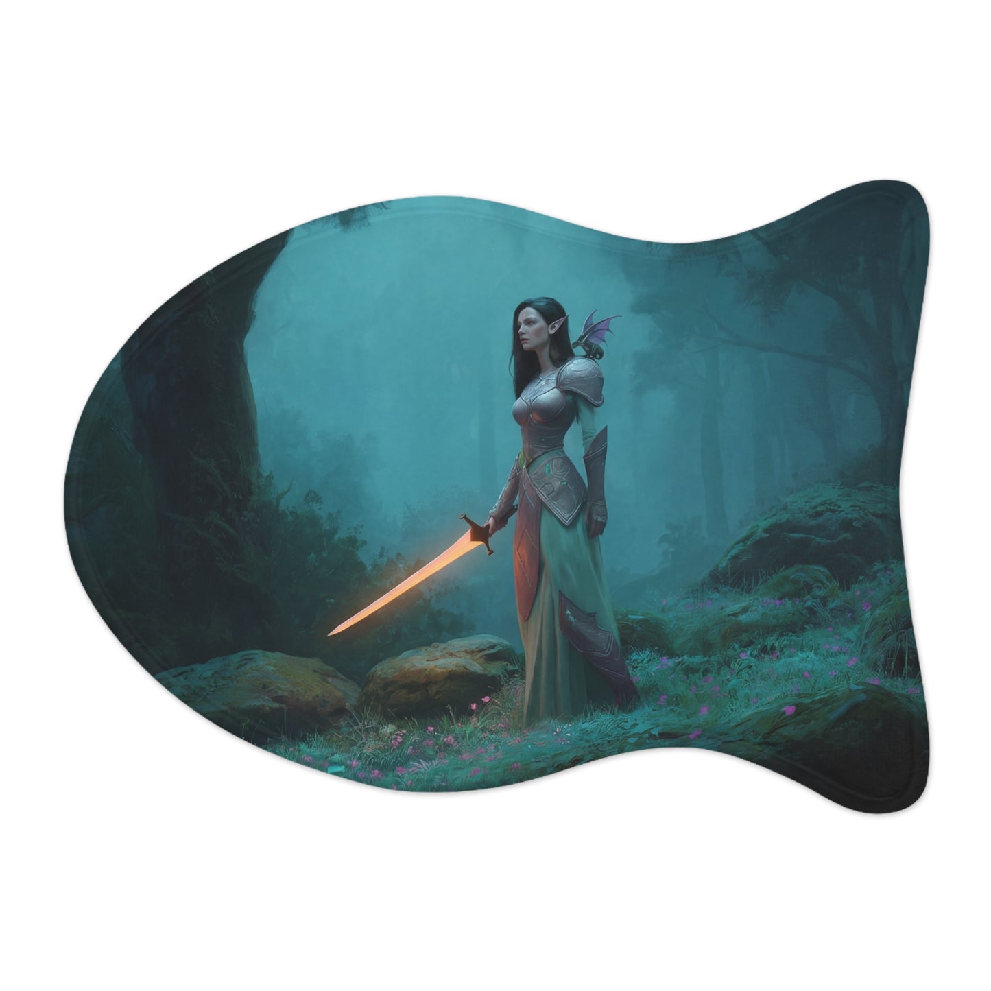 Guardian Elf Pet Feeding Mats – Mossy Forest Sentinel with Glowing Blade