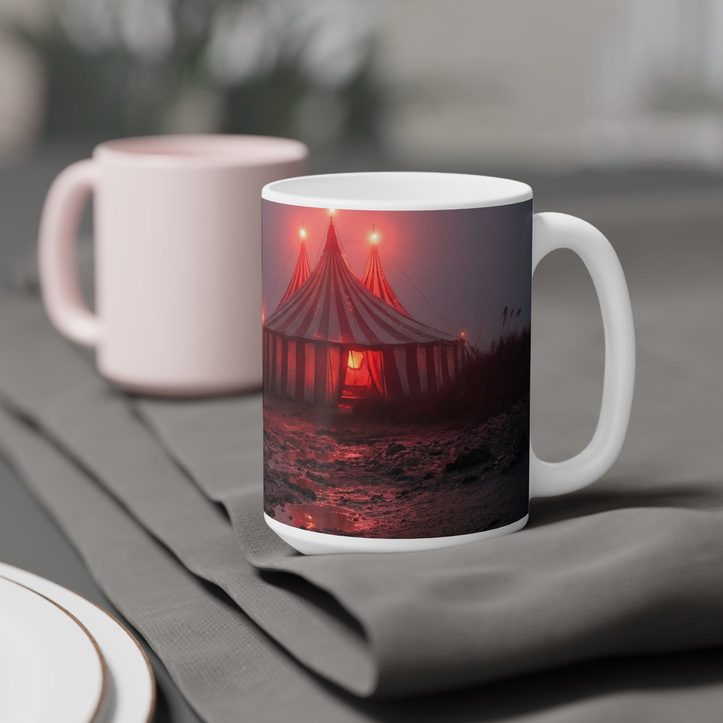 Crimson Circus Tent Ceramic Mugs (11oz\15oz\20oz) – Fogbound Wonder at Dusk