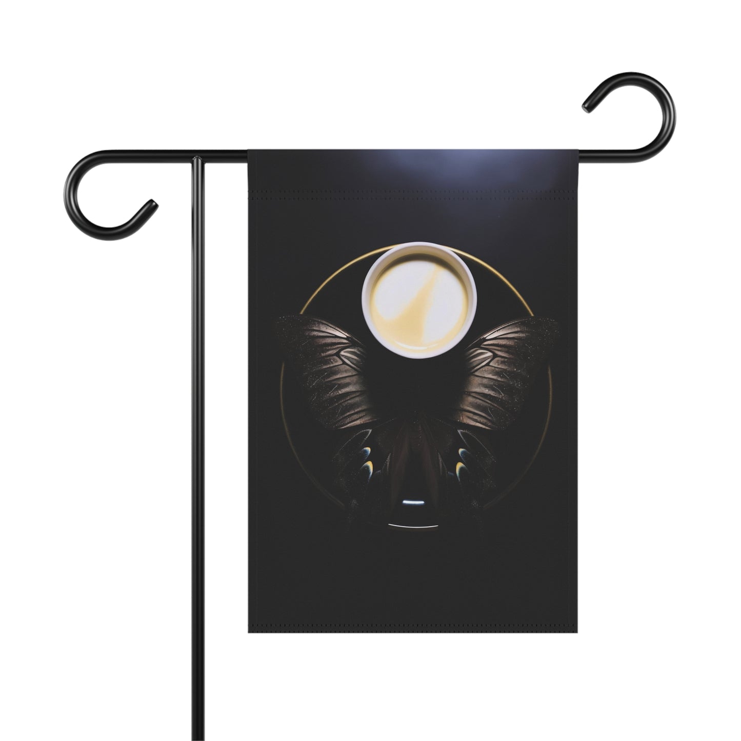 vantablack coffee with cream and sugar, iridescent butterfly wings - Garden & House Banner