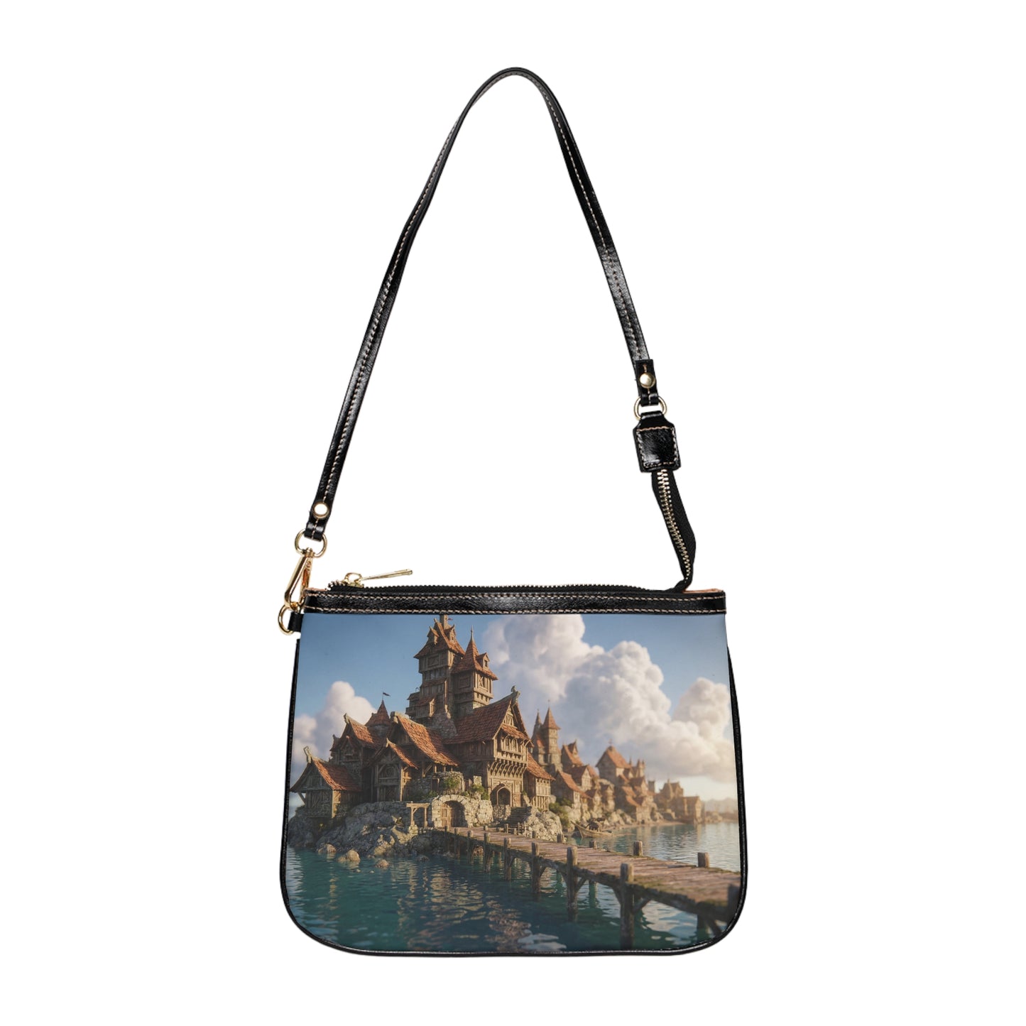 Coastal Viking Village Shoulder Bag – Sunlit Stone & Timber Dreamscape