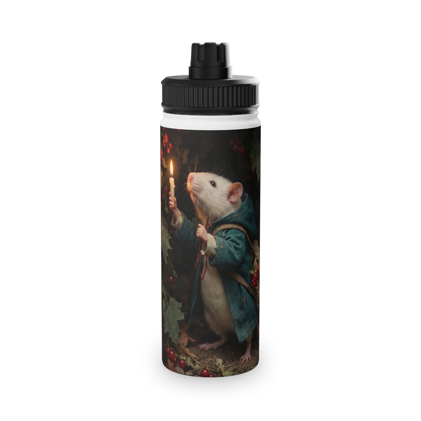 Candlelit Rat Forager Stainless Steel Water Bottle, Sports Lid – Autumn Berry Harvest